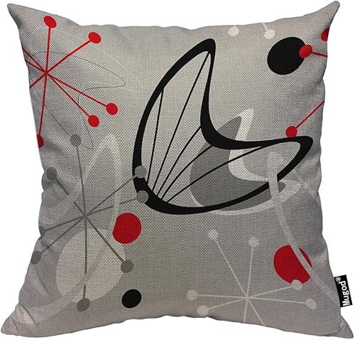 Mugod Fundas de almohada con patrón atómico, vintage, geométrico, de mediados de siglo, rojo, gris, negro, blanco, funda de almohada de algodón y