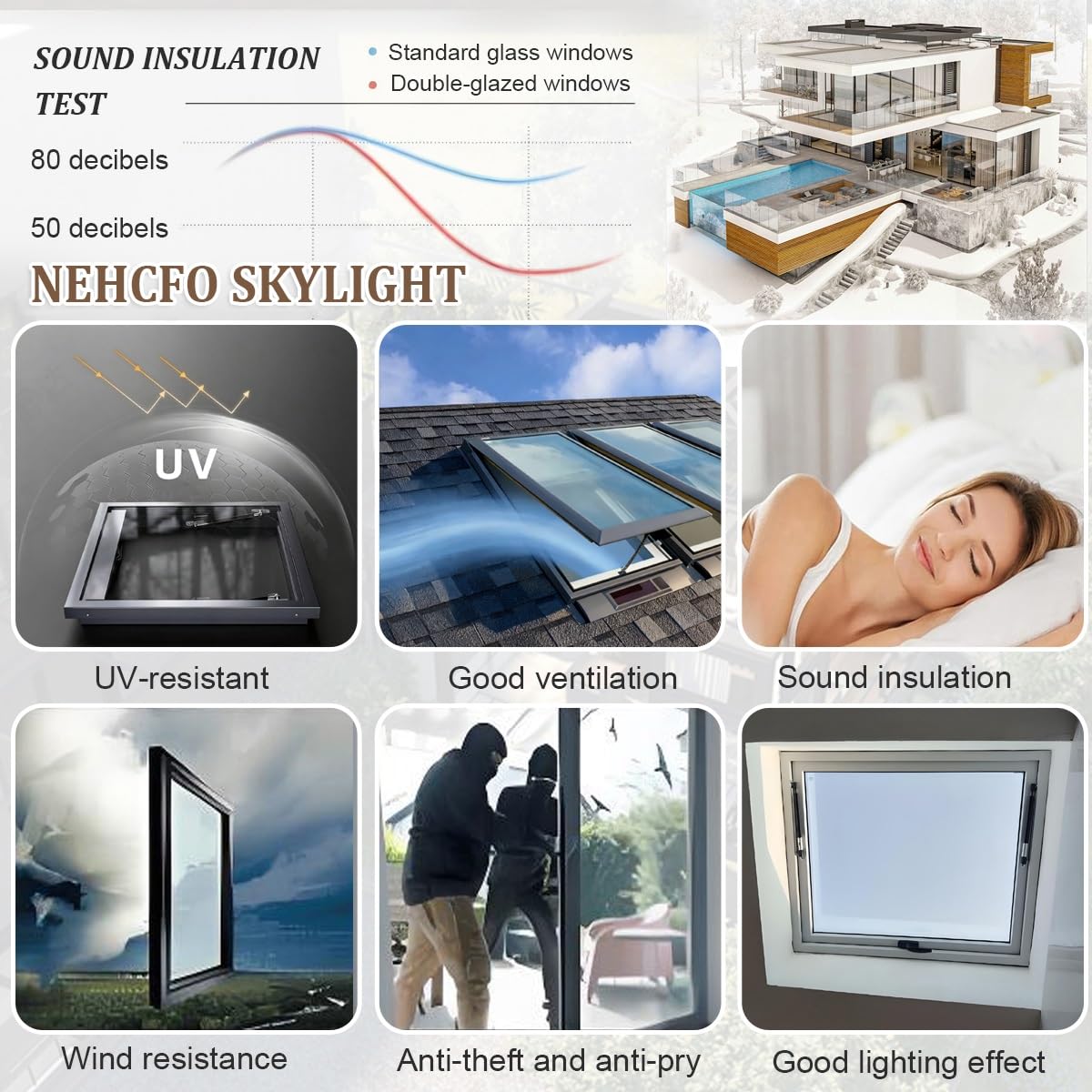 Ventana de Techo Eléctrica con Control Remoto, Tragaluz de Aluminio con Vidrio Templado Doble, Sensor de Lluvia Automático, Claraboya para Azotea, Sótano, Ático(White,LxW 70 x 70 cm)