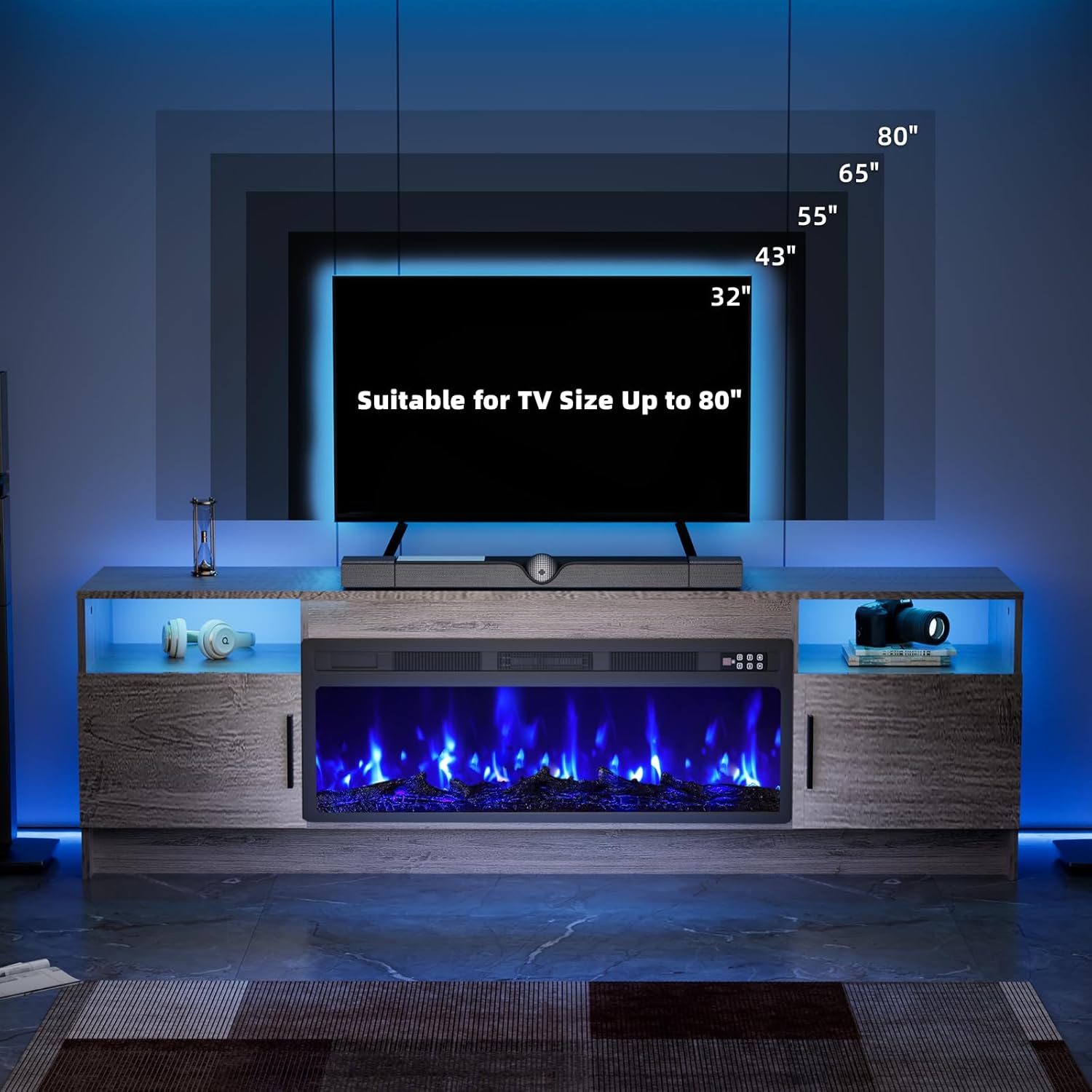 EAG 70" Electric Fireplace TV Stand with 36 inch Fireplace Up to 80" TVs, Entertainment Center with with Storage Cabinet & LED Lights, Modern Media Console for Living Room, Gray