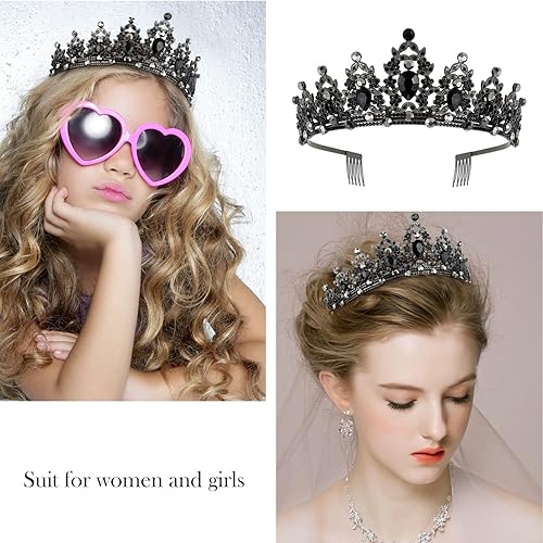 Miniatura 5 de SuPoo Banda negra de cumpleaños y corona de metal para mujer, decoración de princesa con purpurina con peine, recuerdo de fiesta de feliz cumpleaños