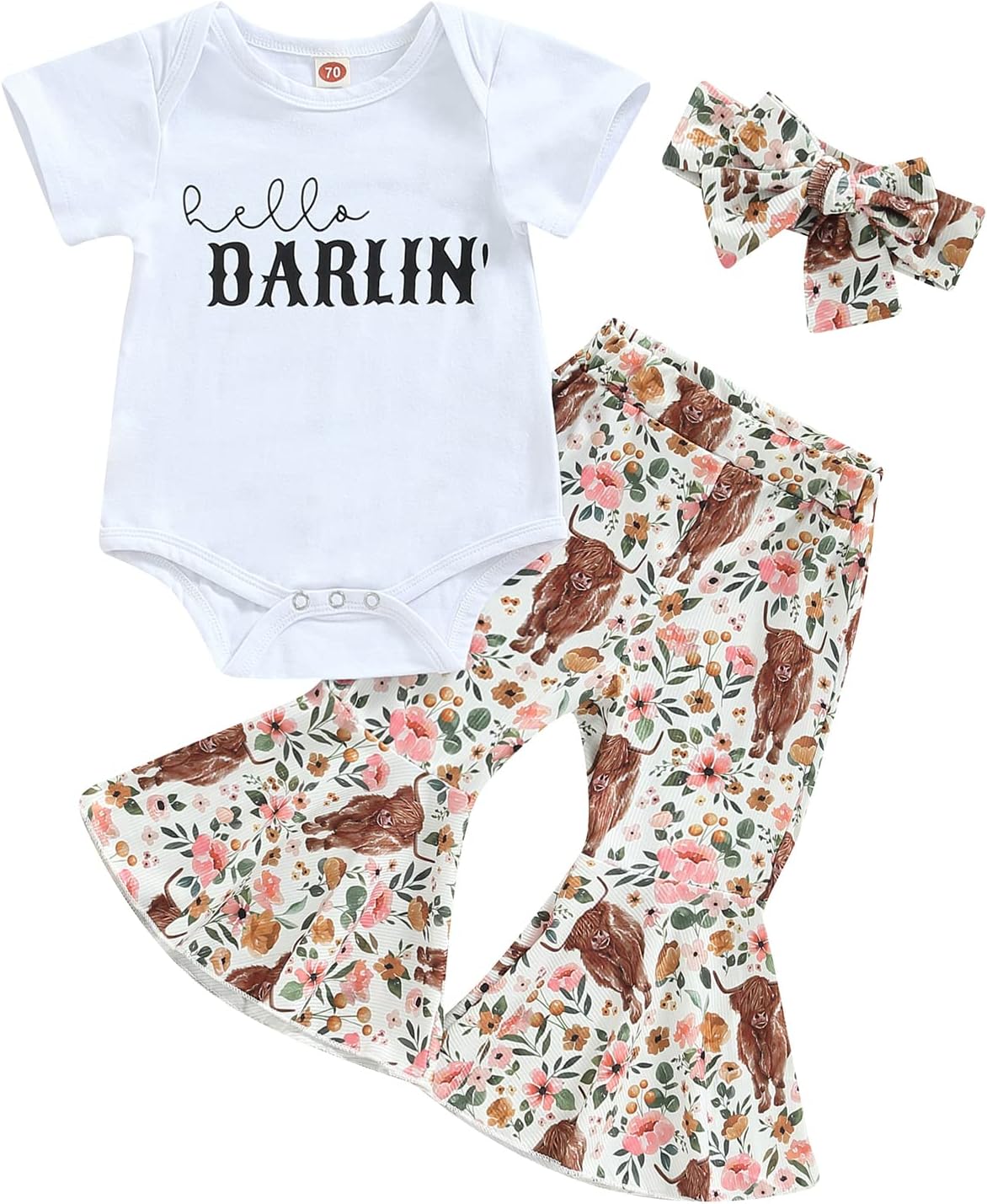 BULINGNA 3Pcs Baby Girl Summer Western Cowboy Outfit Short Sleeve Bodysuit Romper Cow Print Flare Pants with Headband