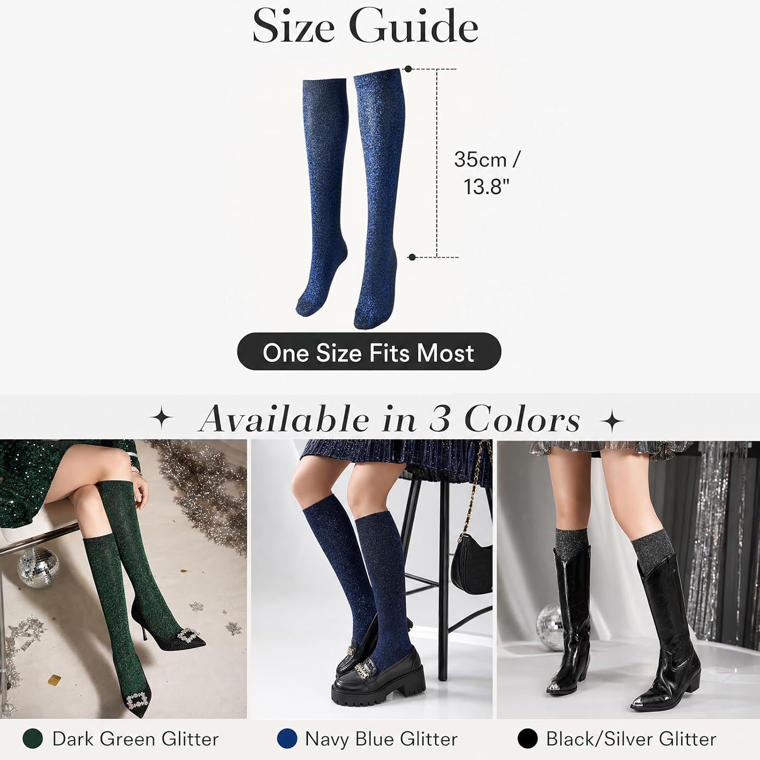 Glamorstar Knee High Socks for Women Glitter Shiny Calf Socks Sparkly Long Socks