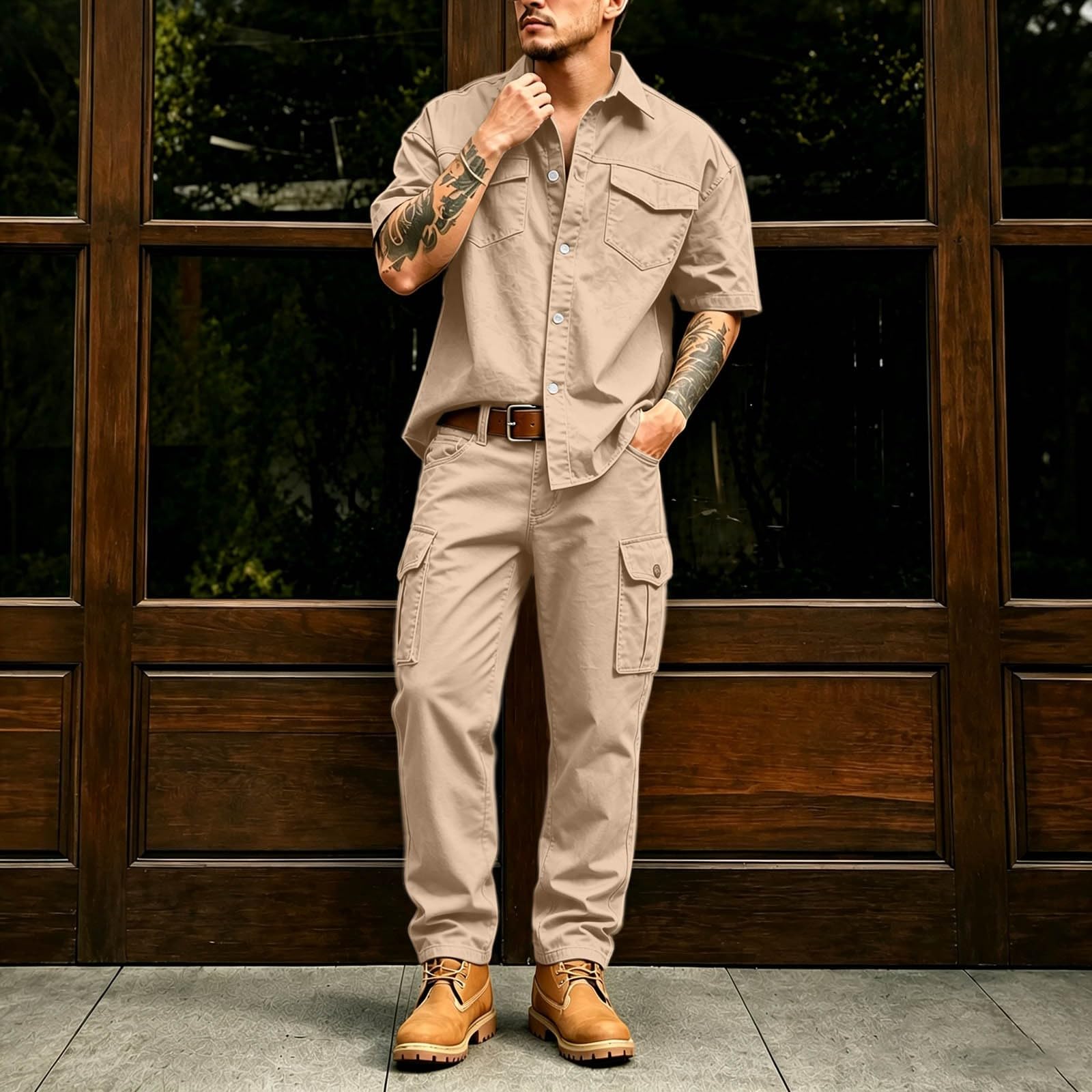 Set da 2 pezzi da uomo in tinta unita composto da camicia da uomo con tasca sul petto e pantaloni da lavoro, abbigliamento estivo, casual, pantaloni da jogging e camicia a maniche corte per casa