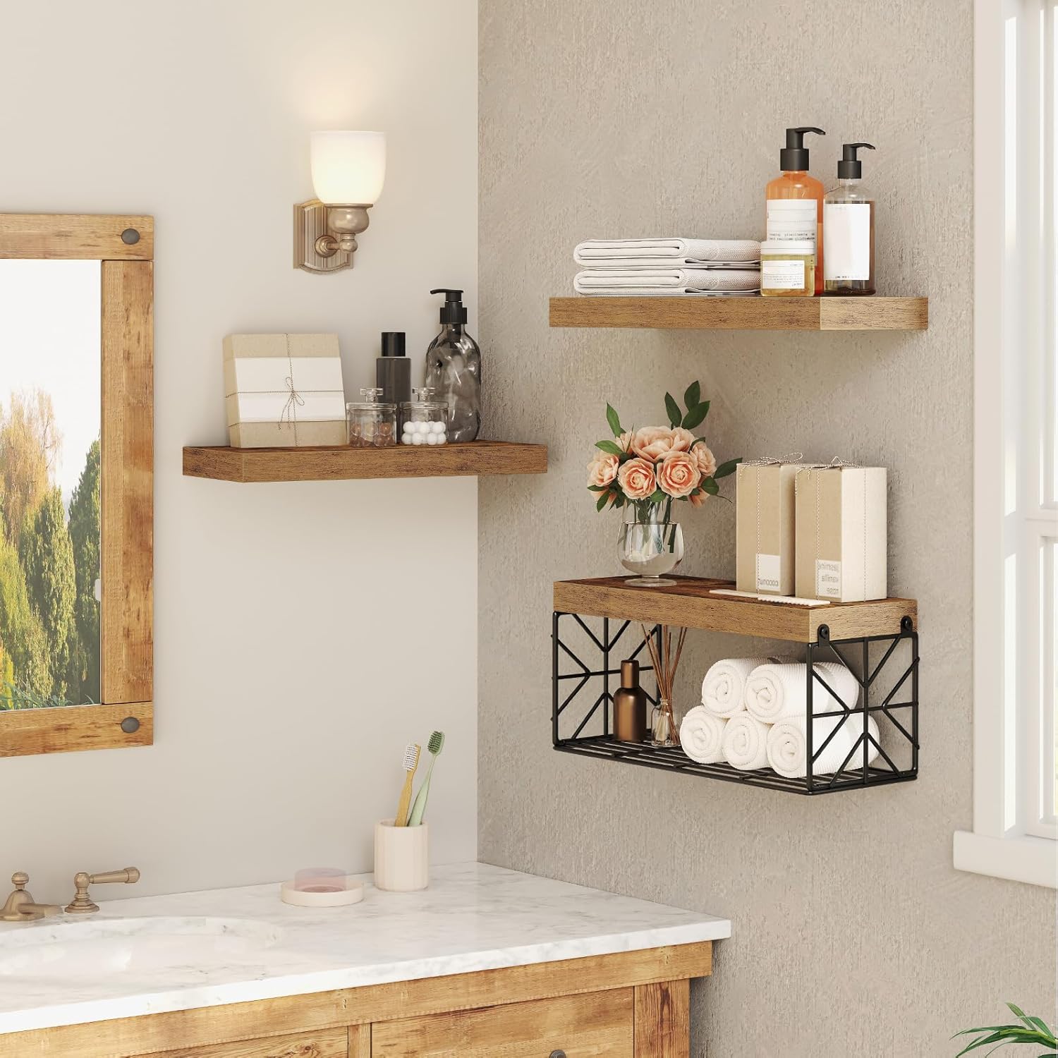 RALGEND Bathroom Shelves Over Toilet Set of 3, Floating Shelves for Wall Toilet Paper Storage, 1.5" Thick Hanging Shelf, Farmhouse Wall Decor for Bathroom Living Room, Kitchen, Rustic Brown 4001BJBF