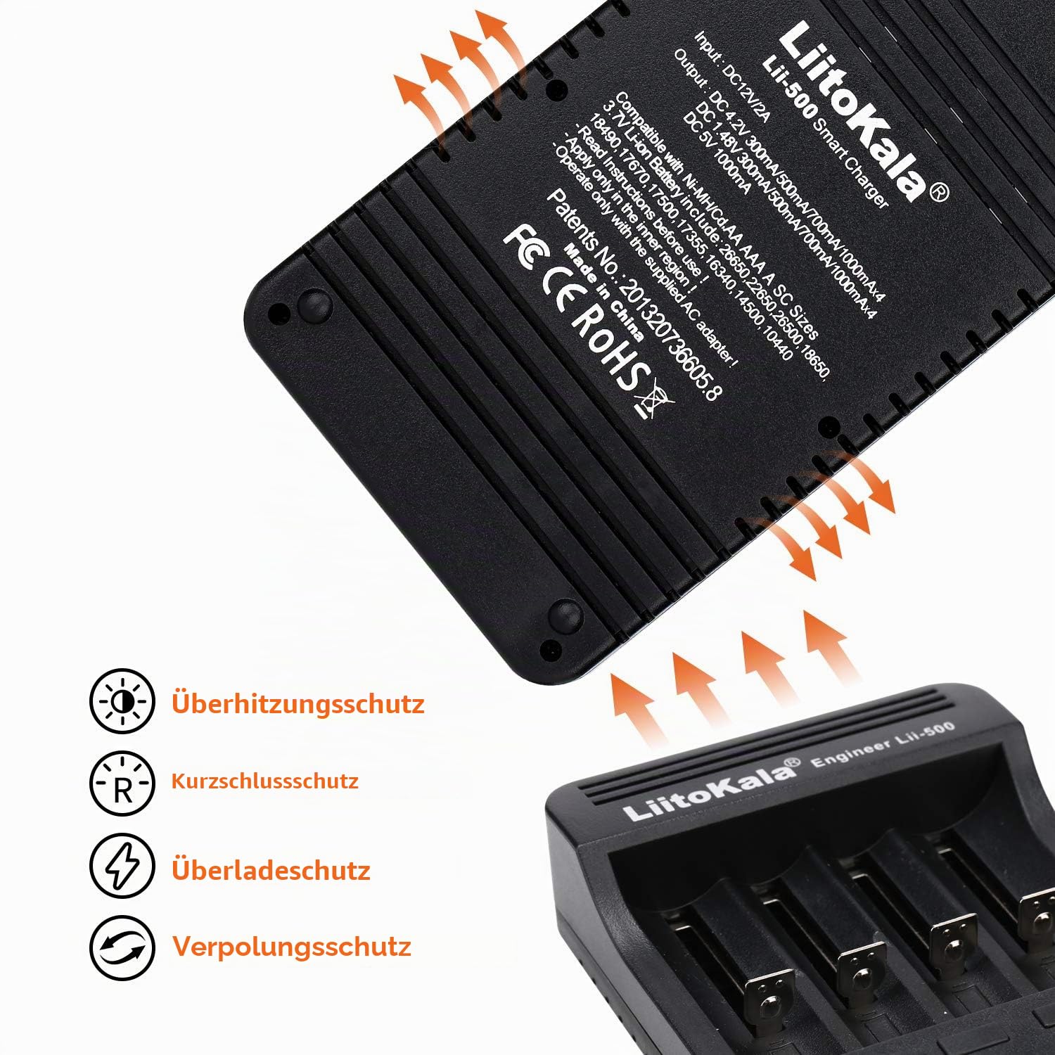 18650 Akku Ladegerät LiitoKala Lii-500, AA Batterieladegerät mit LCD-Display inklusive 12V2A Adapter unterstützt USB Ausgang für 14500 21700 Li-ion AA AAA NI-MH NI-CD, 4 Schacht