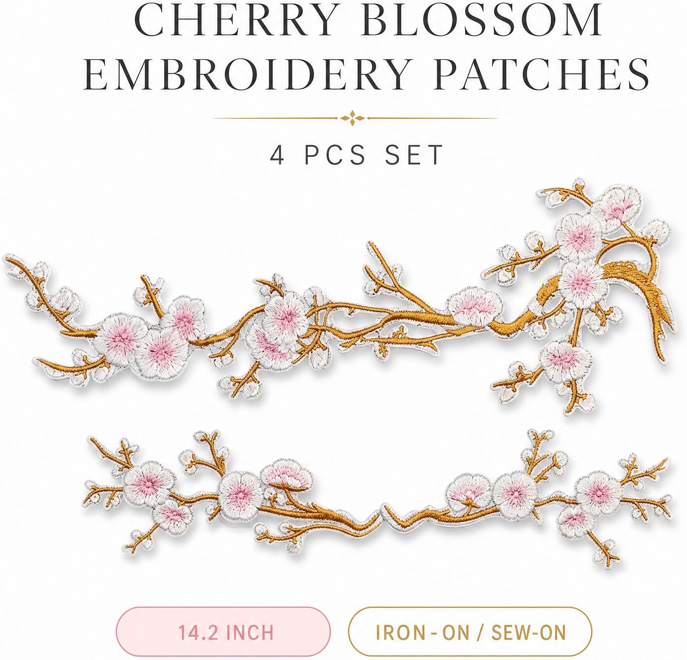 Cherry Blossom Patches, 4PCS Iron On Applique for Backpack, Jeans Jacket