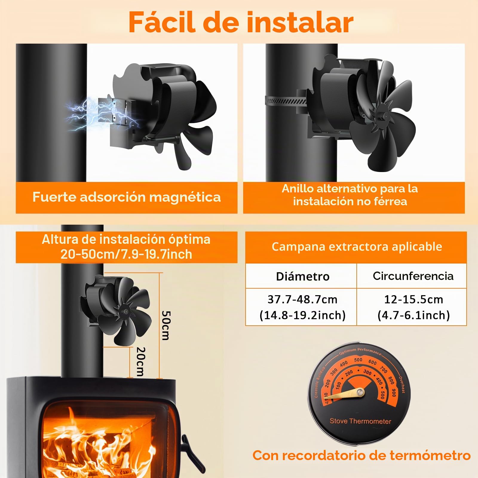 Hjh Ventilador de chimenea magnético, sin electricidad, silencioso ventilador de chimenea con 6 hojas, funciona con calor, ventilador para estufa de chimenea, ahorra combustible eficiente, con