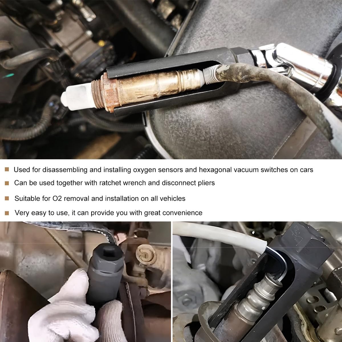 Oxygen Sensor Socket with Side Wire Cutout, 1/2" Drive by 7/8" 6-Point Chrome Vanadium Steel O2 Sensor -Socket, Offset Oxygen SensorSockets for Vehicle O2 Removal Installation (Large Opening)