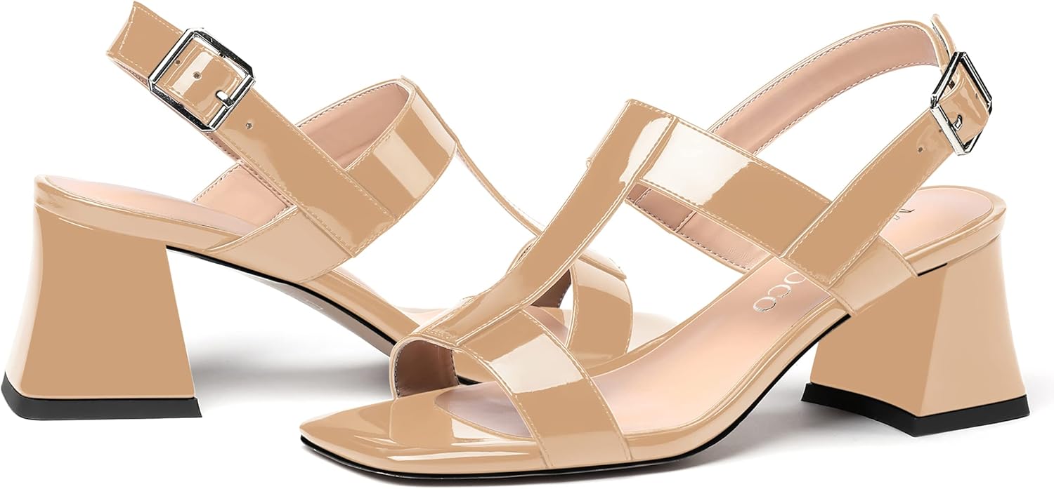 MODENCOCO Women's Strap Buckle Patent Slingback Dating Fashion Square Toe Chunky Low Heel Heeled Sandals 2 Inch - Image 6