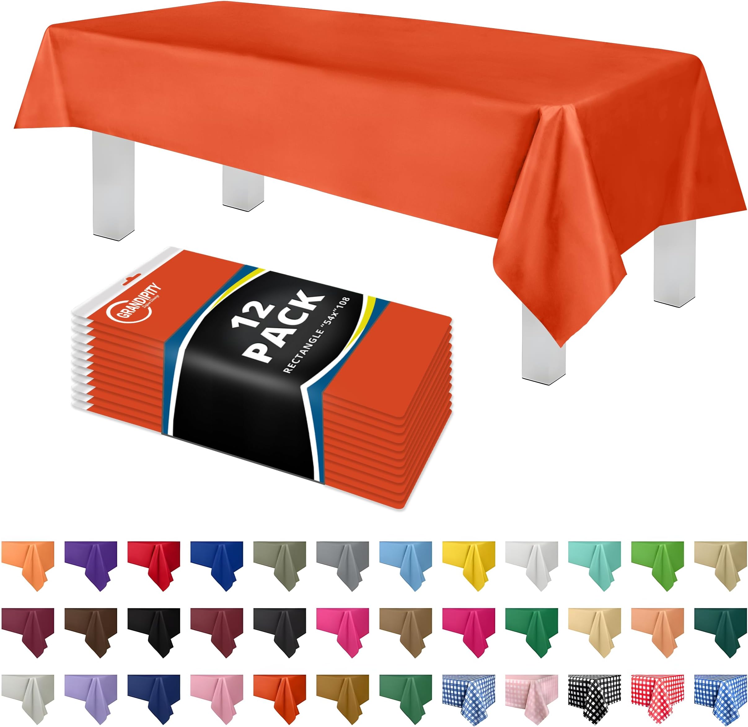 Grandipity 12 Pack Premium Disposable Plastic Tablecloth 54 Inch. x 108 Inch. Decorative Rectangle Table Cover - Orange