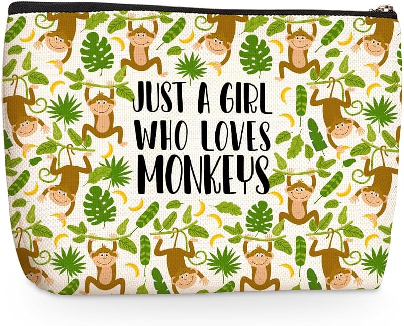 Necessaire jealance com estampa de macaco, em lona, com zíper