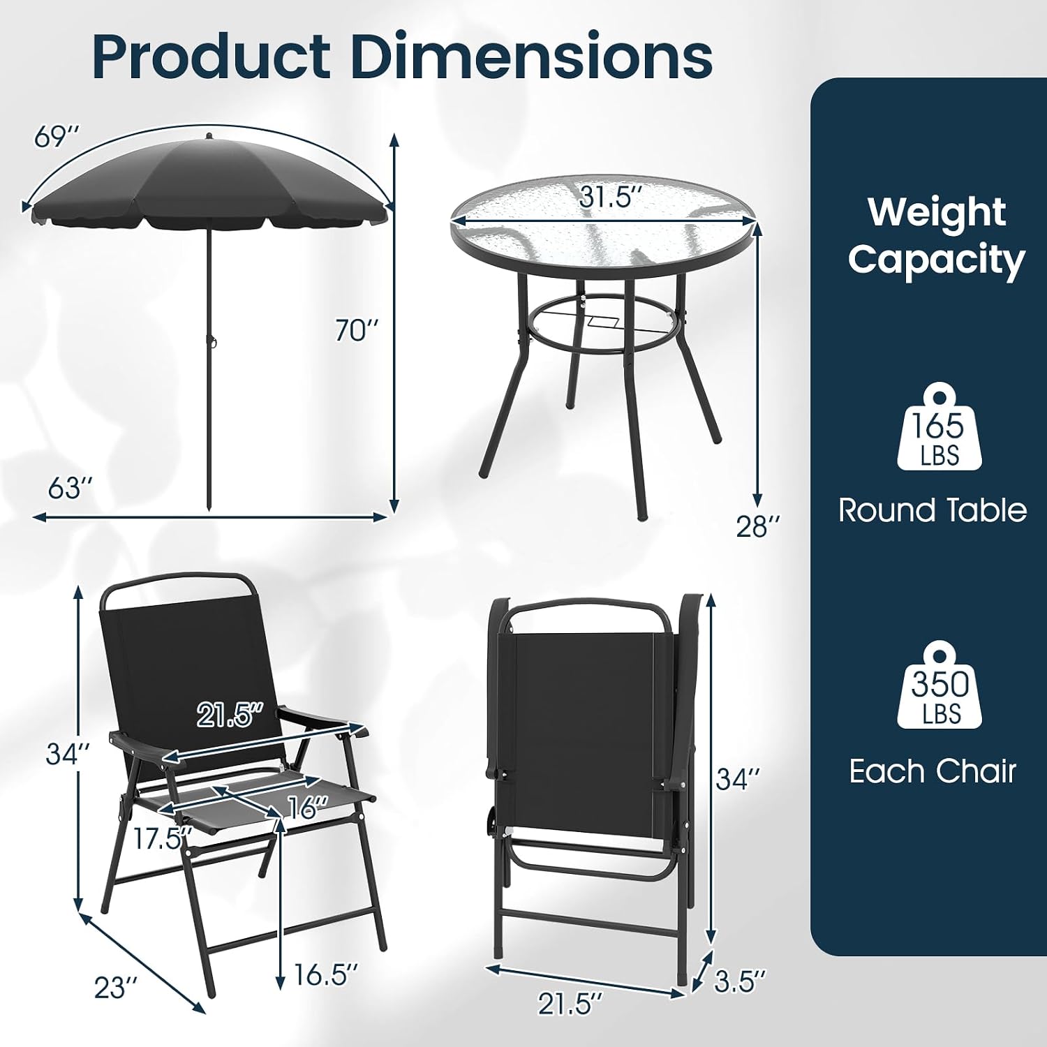Tangkula 6 Pieces Patio Dining Set with Umbrella, Outdoor Table and Folding Chairs Set with 4 Armchairs and Round Tempered Glass Table for Garden, Deck, Lawn and Backyard (Black)
