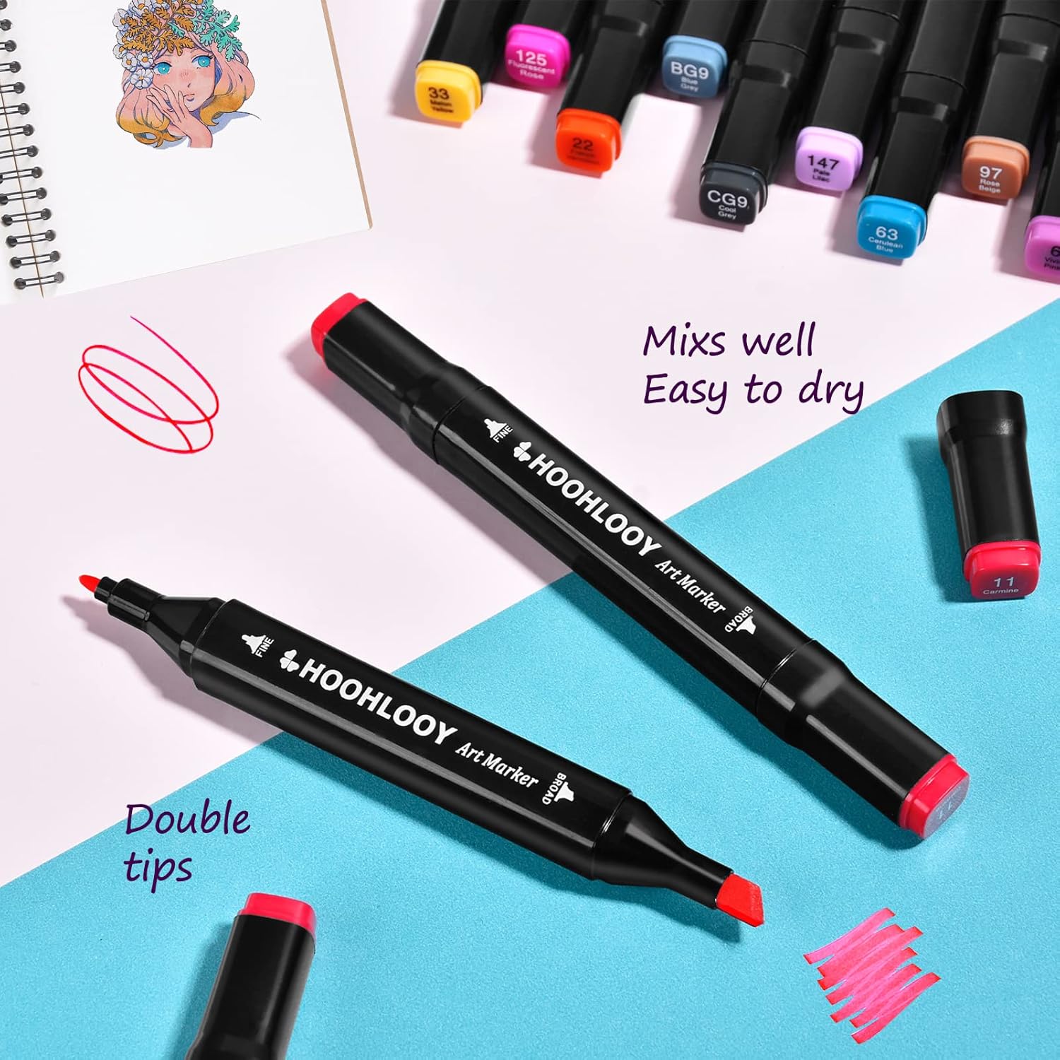 80 Colors Upgraded Alcohol Marker Set, Brush Chisel Double Head Art Marker for Artists Adult Coloring, Sketching, Painting, Comes w/ 1 Case - Image 3