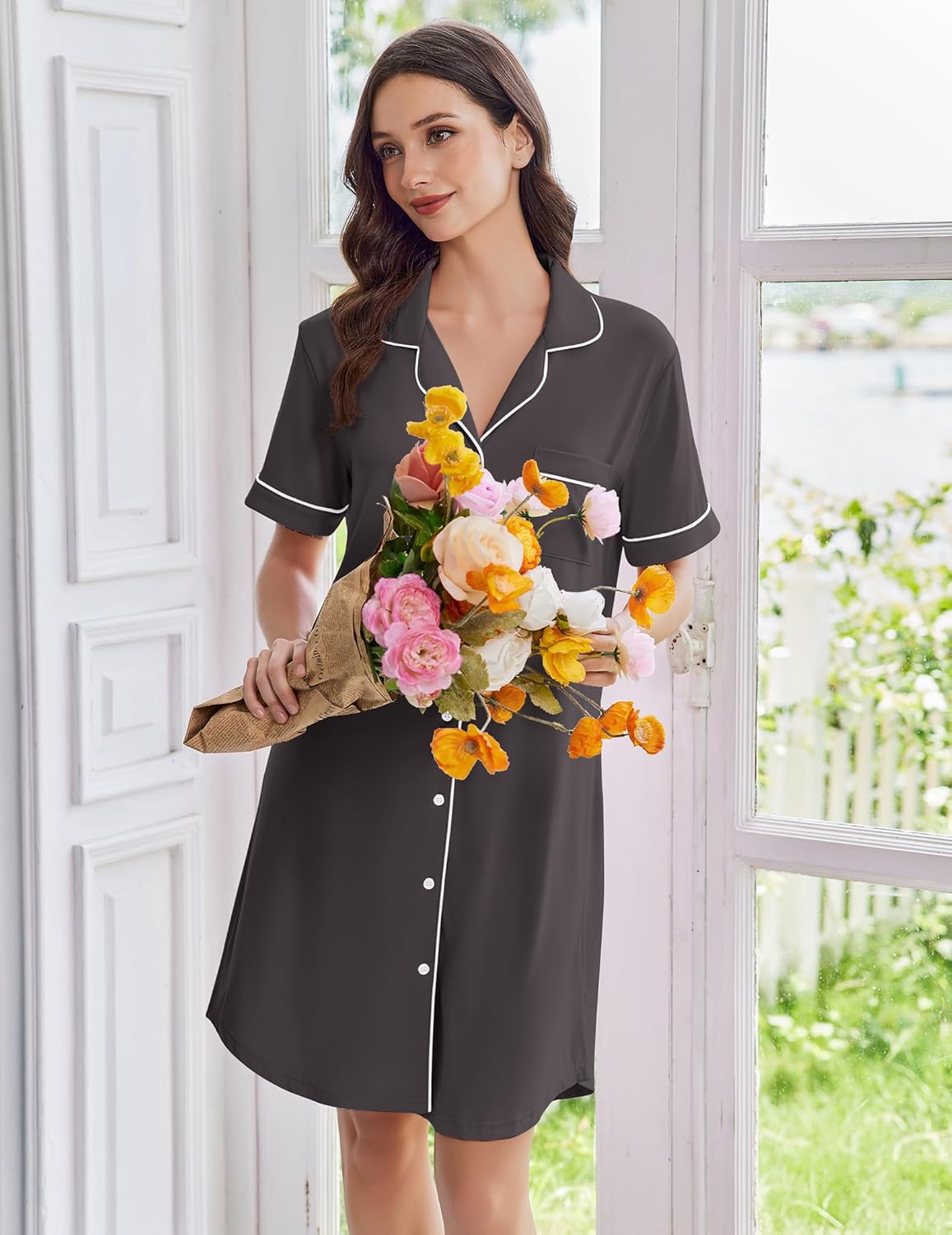 Ekouaer Nightgowns for Women Button Down Sleep Shirts Short Sleeve Nightshirt Classic Pajama Dress Soft Sleepwear S-XXXL - Image 3