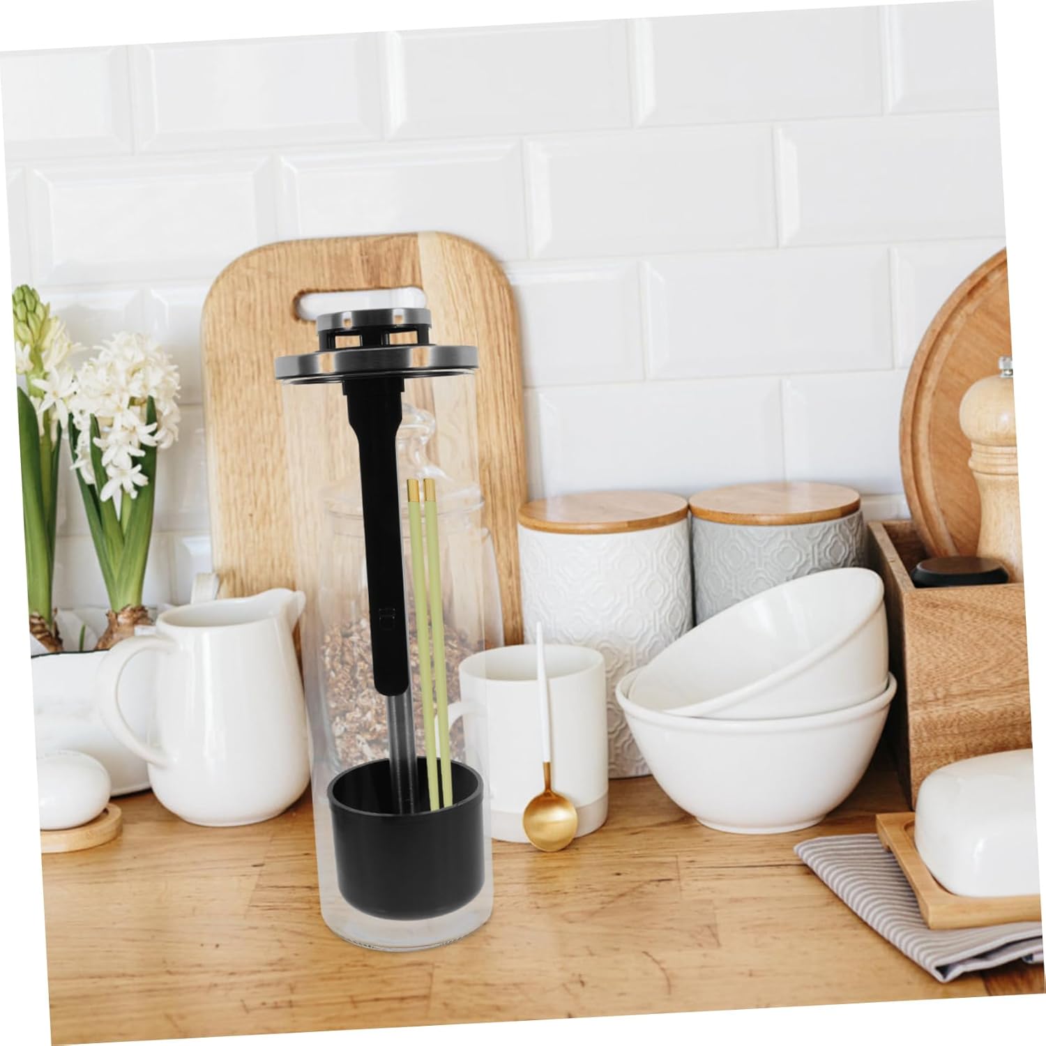 Multi-function Storage Bucket for Straws and Makeup Brushes High Borosilicate Utensil Holder Drainage Lid Stylish Kitchen Decor and Organizer for Countertop Use