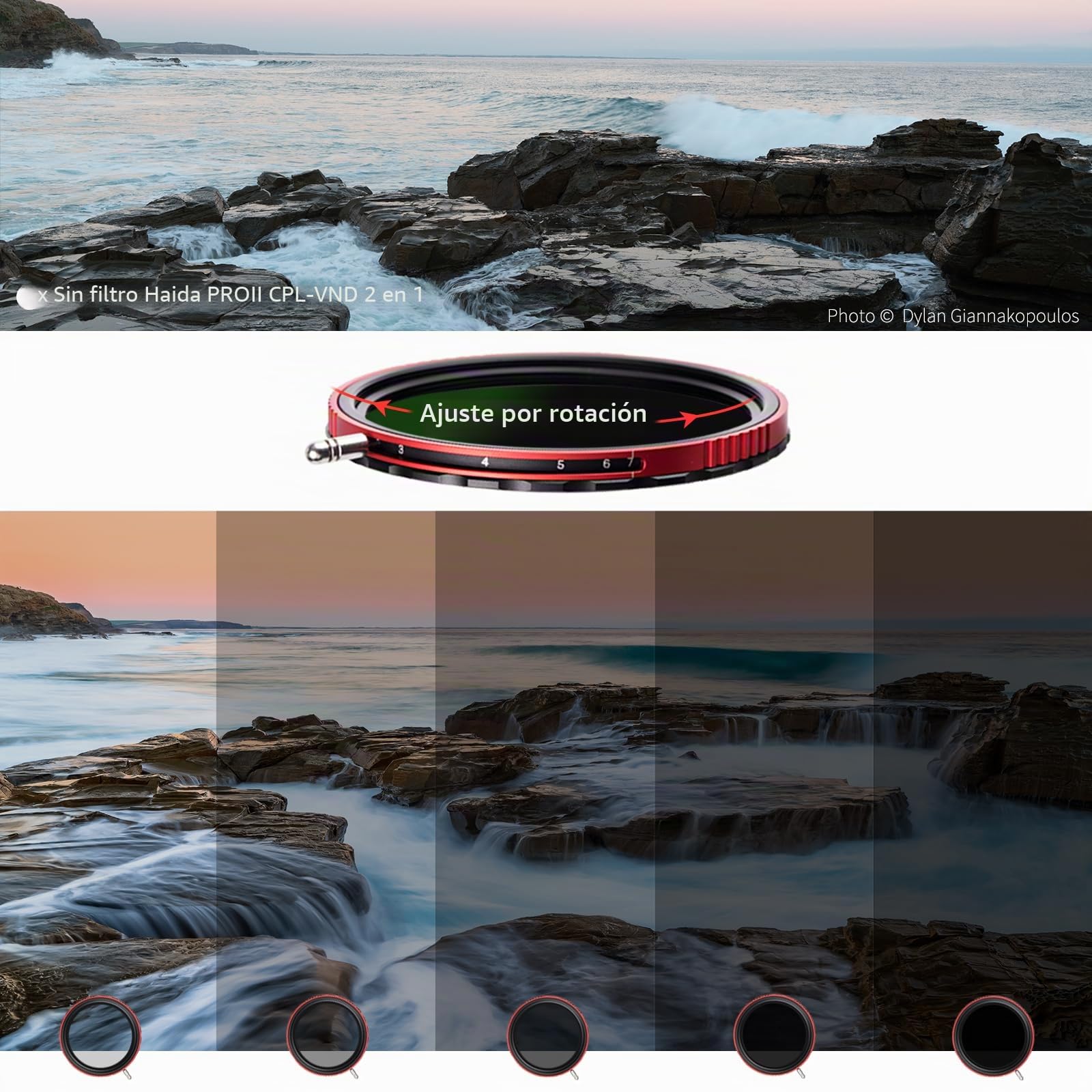 Haida Filtro ND ajustable 77mm VND+CPL 3-7 paradas polarizador Nano-revestimiento multicapa + filtro de densidad neutra variable con tapón de lente (serie Pro II)