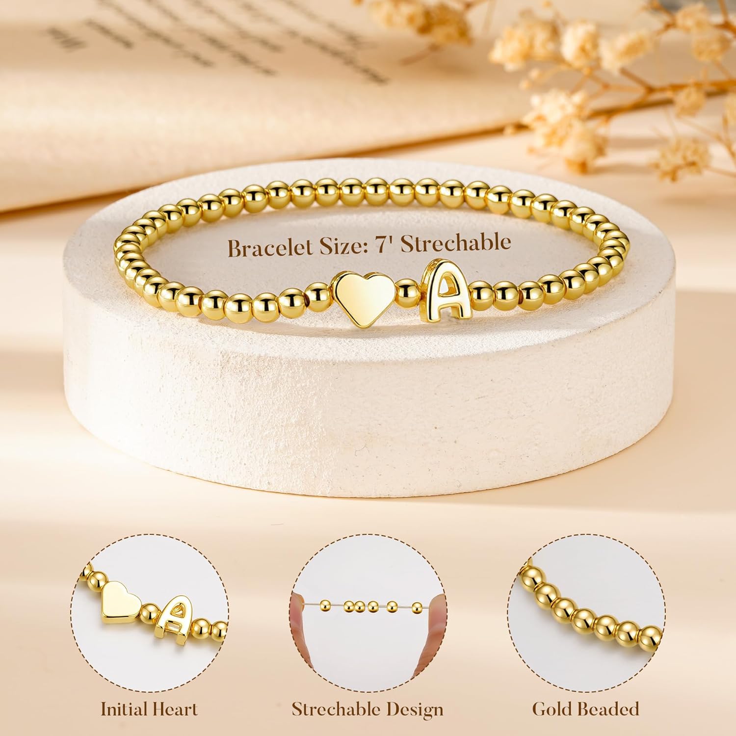 Ursteel Valentines Day Gifts for Her Women - Dainty 14K Gold Plated Beaded Bracelets for Women Trendy Letter A-Z Heart Jewelry Personalized Gifts - Image 7