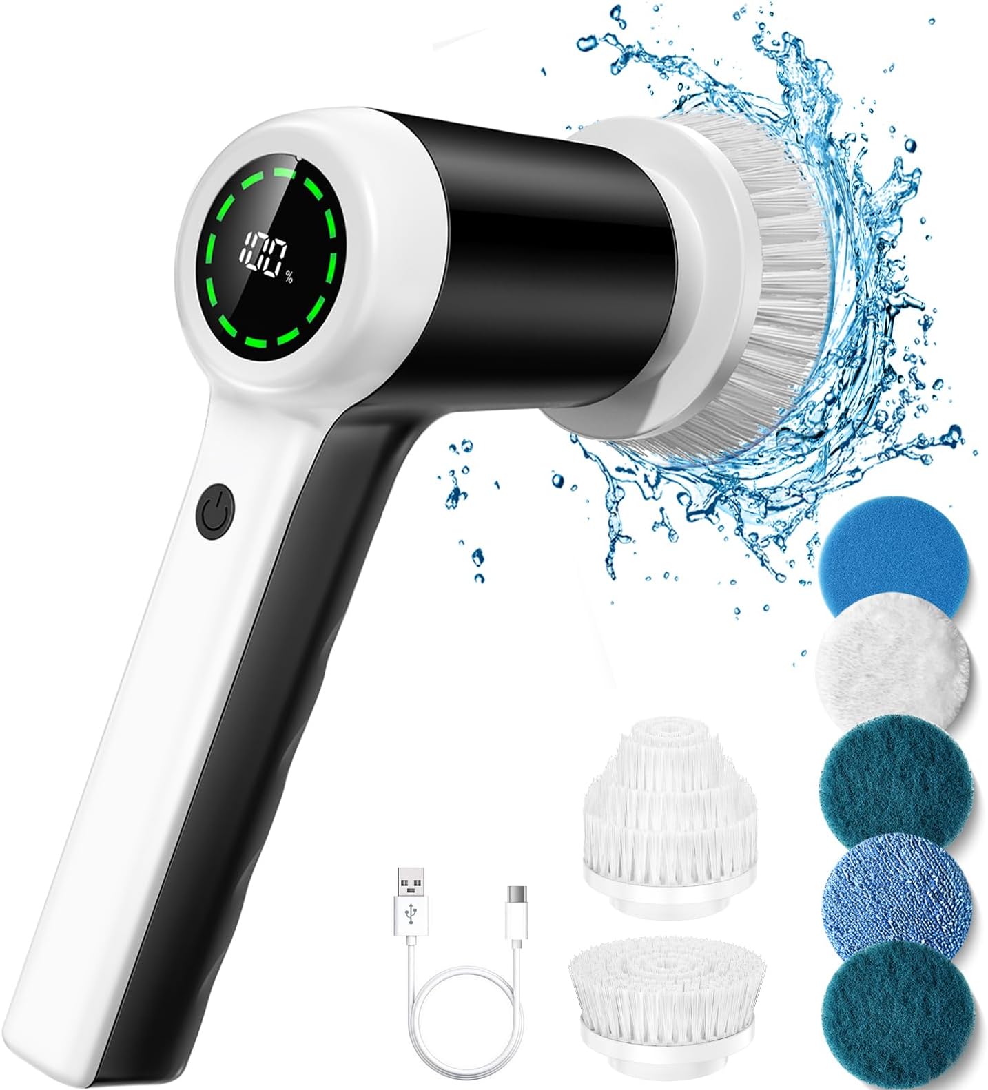 Electric Spin Scrubber, Cordless Shower Scrubbers with Battery Level Display, 2 Speeds Electric Scrubber for Cleaning with 7 Replaceable Heads, Electric Cleaning Brush for Bathroom/Floor/Sink/Window