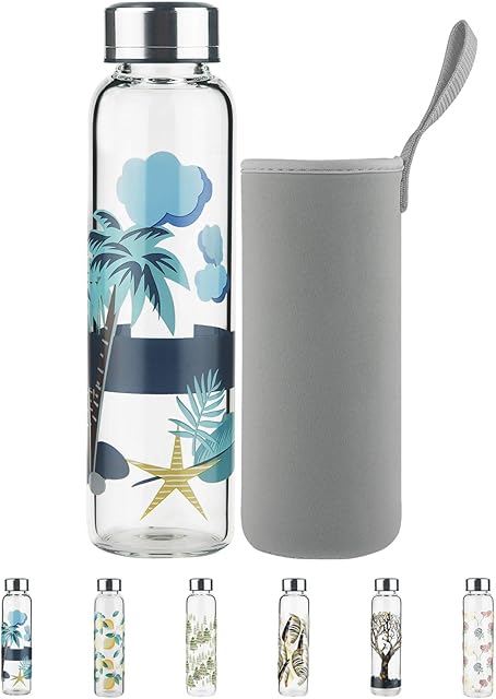 Justfwater Reusable Borosilicate Glass Water Bottle 500ml / 1 litre / 1l with Leak Proof Lid and Neoprene Sleeve BPA Free