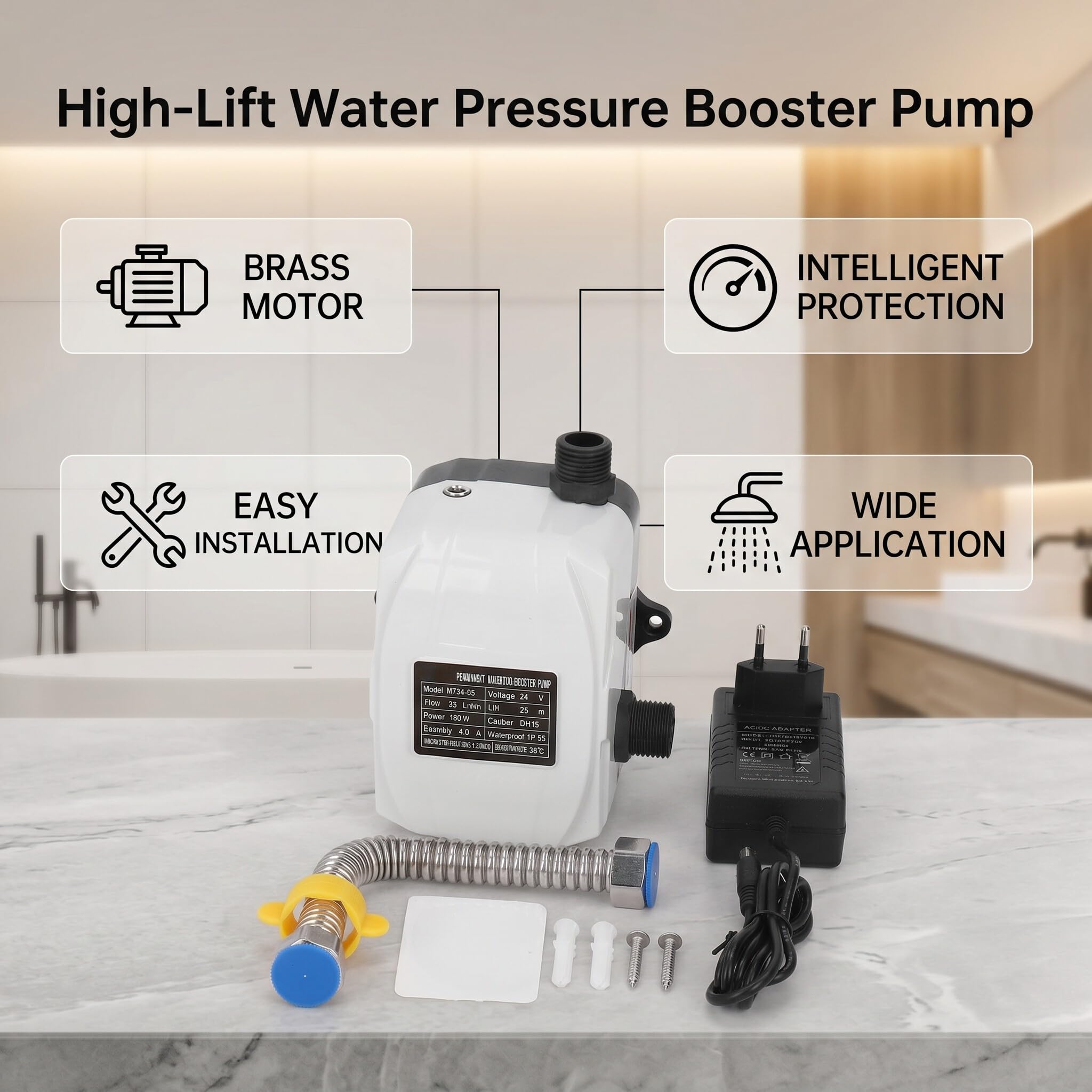 Fafeicy Pompe de Remise en Pression, 180 W, 24 V CC, Moteur en Laiton | Démarrage et Arrêt Intelligents, Faible Bruit pour Lavabo et Douche