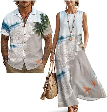 POLERO Matching Outfits for Couples - His and Hers Button Down Shirt & Maxi Dress Summer xLinen Clothes