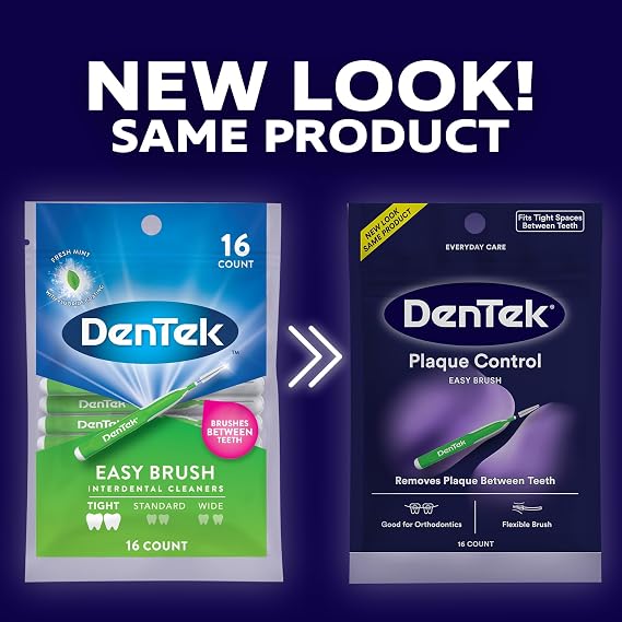 Dentek Interdental Brushes - Tight, 16 Count, 6 Pack - Easy-Brush Interdental Plaque Remover with Fluoride - Cleans Tight Spaces Around Teeth, Braces & Other Dental Appliances