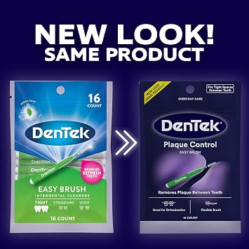 Dentek Interdental Brushes - Tight, 16 Count, 6 Pack - Easy-Brush Interdental Plaque Remover with Fluoride - Cleans Tight Spaces Around Teeth, Braces & Other Dental Appliances