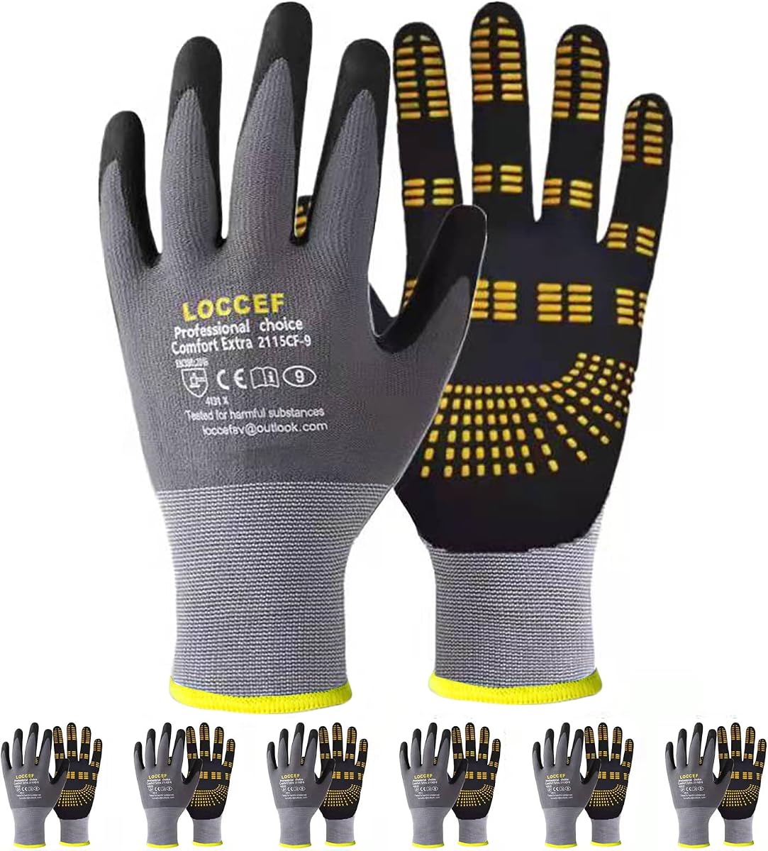 6 Pairs MicroFoam Nitrile Work Gloves, Yellow Grip Dots | Seamless nylon knit, non-slip grip, touchscreen compatible, for landscaping, warehouse handling, carpentry, DIY home projects