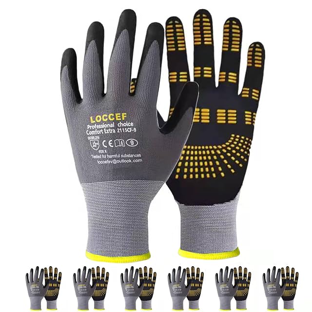 LOCCEF Safety Work Gloves MicroFoam Nitrile Coated-6 Pairs Endurance Seamless Knit Nylon Dots on palm Tacky Dot Grip