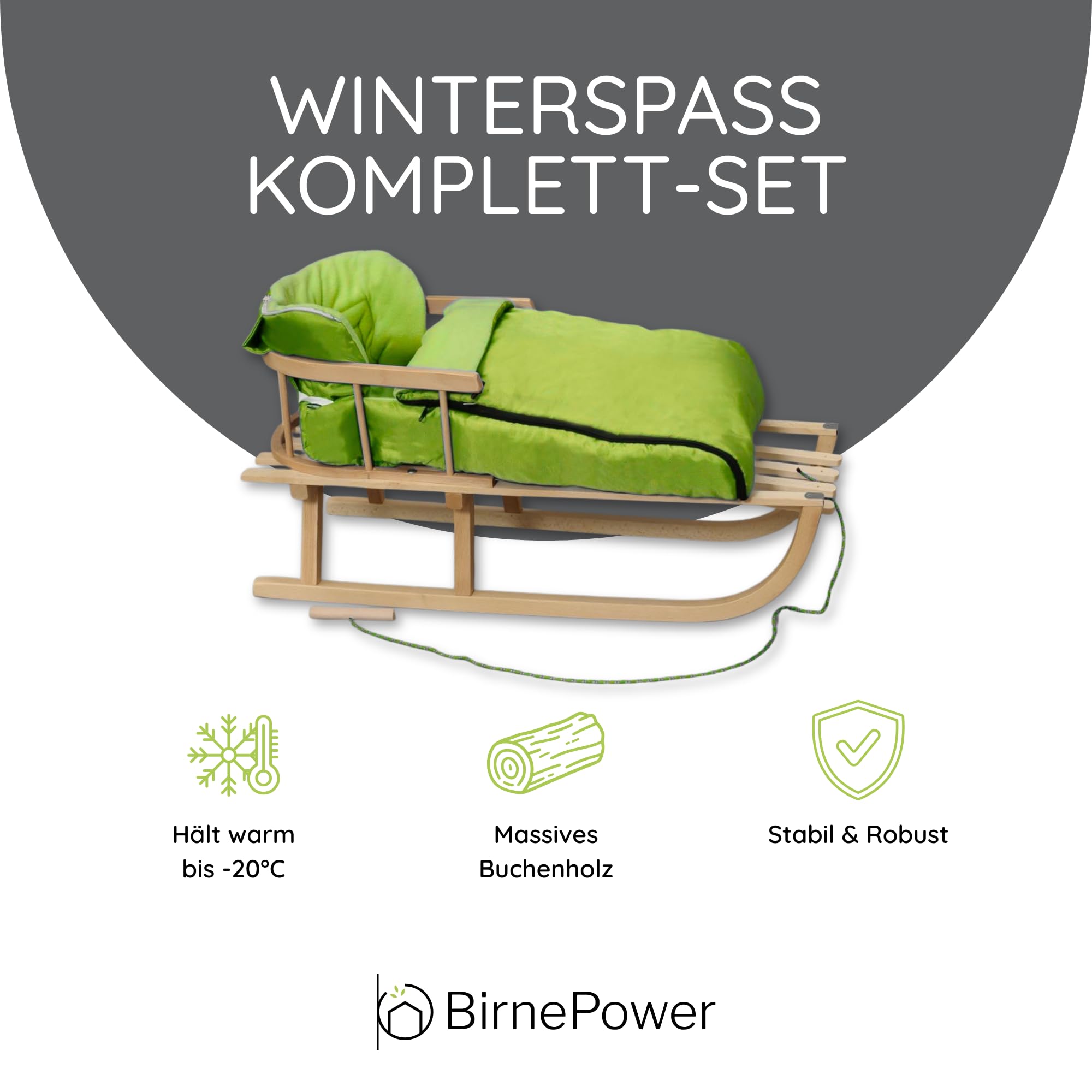 BirnePower Holzschlitten 90cm mit Rückenlehne und Winterfußsack 90cm oder 108cm Komplettset inkl. Zugseil & Gurt, Rodelschlitten aus Buchenholz