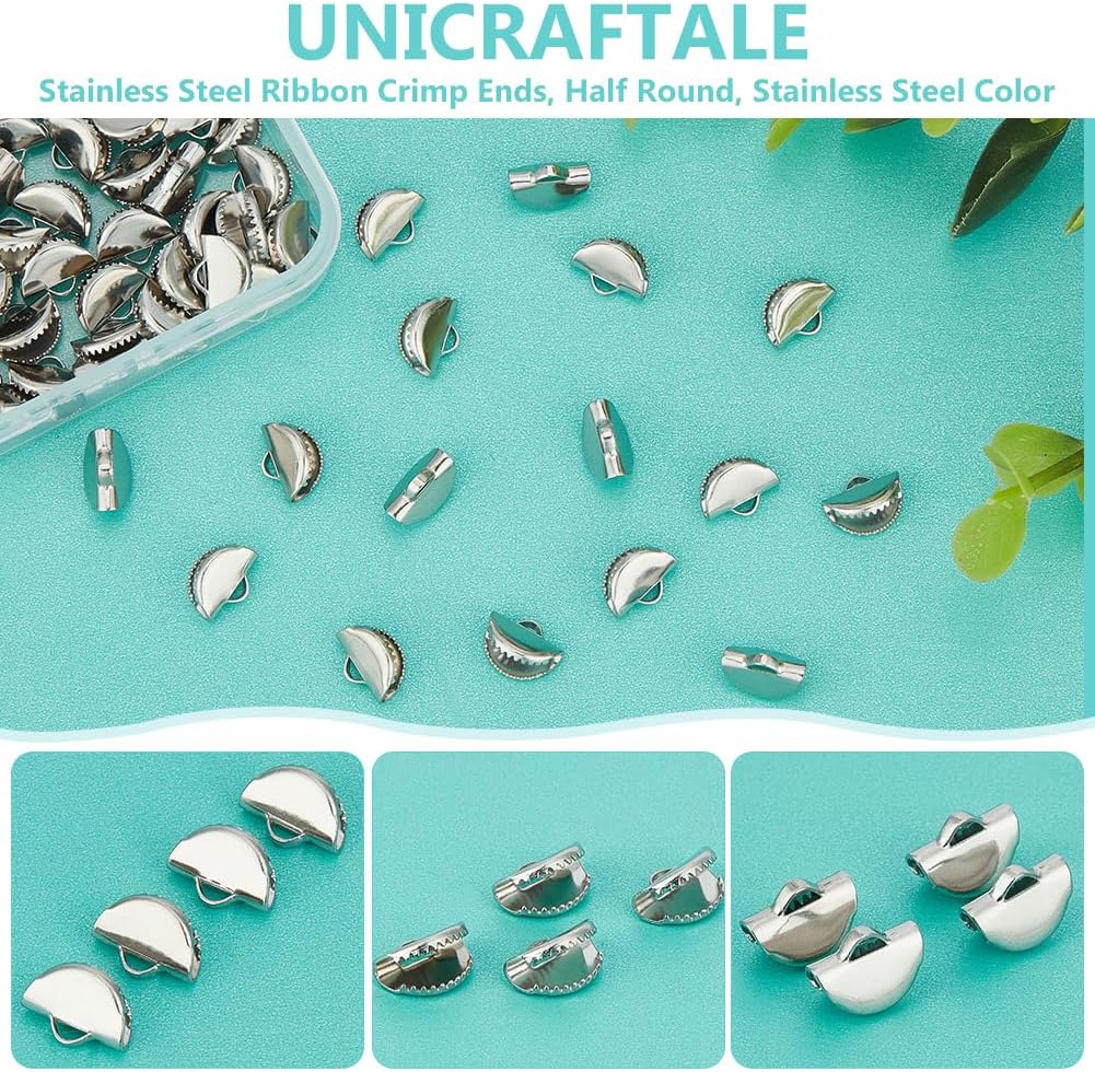 UNICRAFTALE 100Pcs Stainless Steel Sectorial Half Round Ribbon Crimp Ends with Loop for Jewelry Making