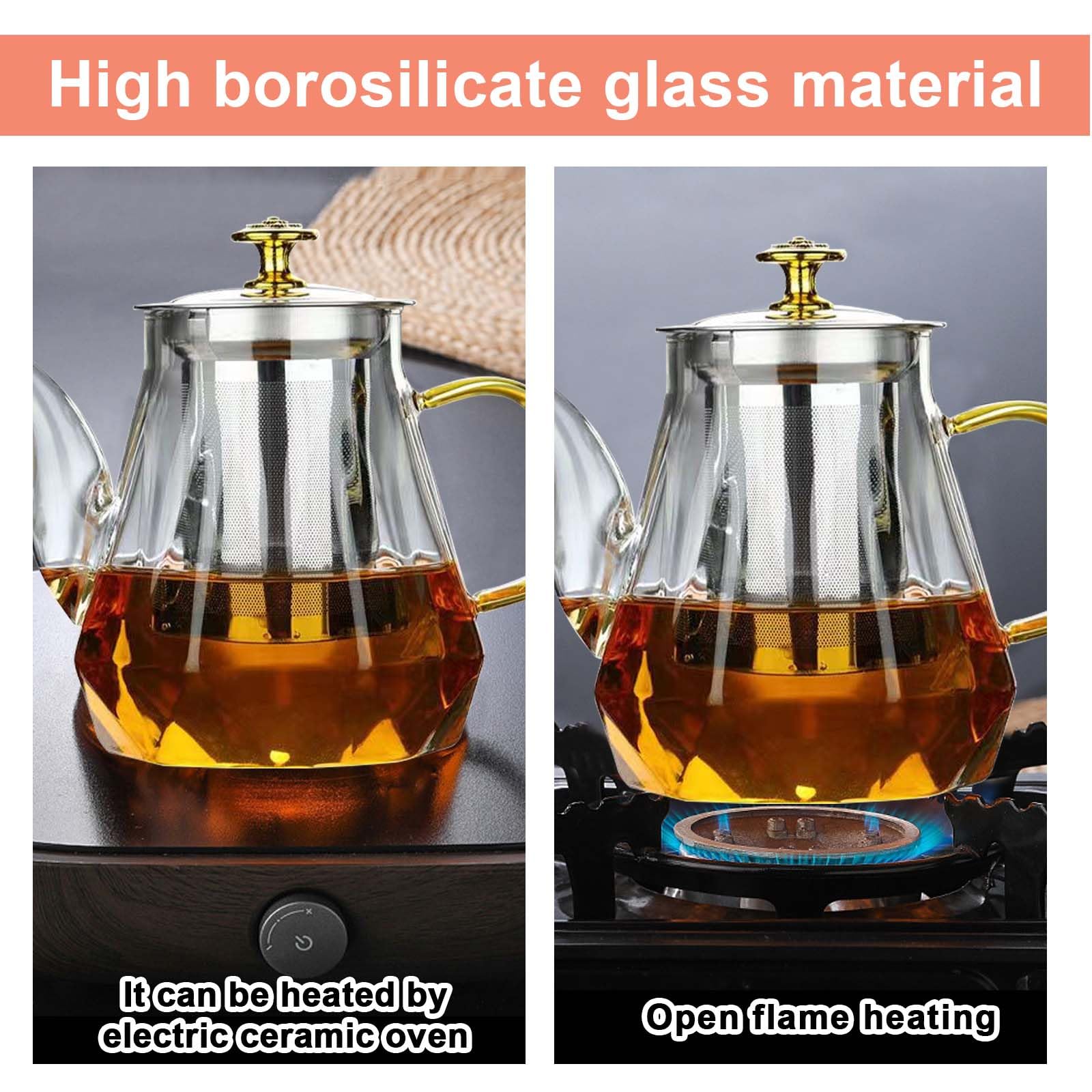 Teiera in vetro, 1 l, con filtro in vetro borosilicato, protezione contro il surriscaldamento, uova da tè per foglie sciolte, teiera, teiera in vetro per la preparazione di tè, tè ai fiori, tè alle