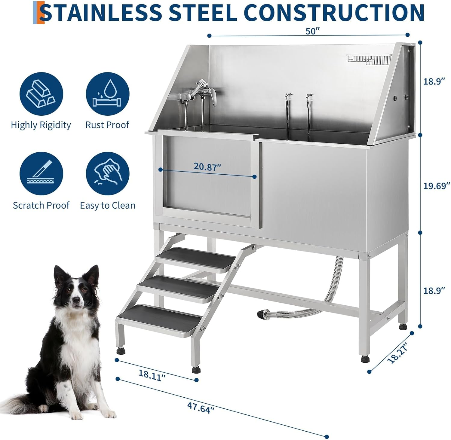 Professional Dog Washing Station,62" Stainless Steel Pet Grooming Tub w/Sliding Door, Non-Slip Steps,Faucet & Showerhead & Soap Holder Bathtub,for Medium & Small Dogs, Supports 250Lbs
