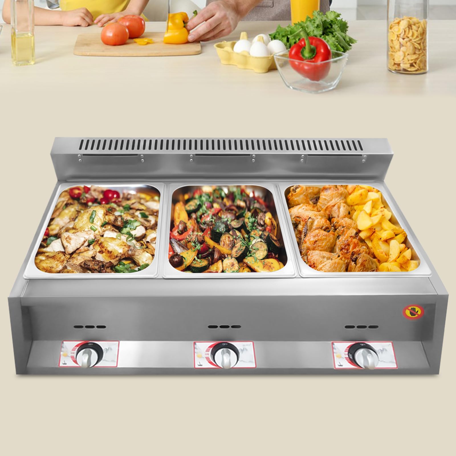 3-Pan Gas Food Warmer 18L Commercial Propane Deep Fryer Countertop Deep LPG NG Gas Fryer,Stainless Steel Buffet Steam Table Food Warmer Buffet Cooking Heating Pot for Home,Restaurant,Cafeteria