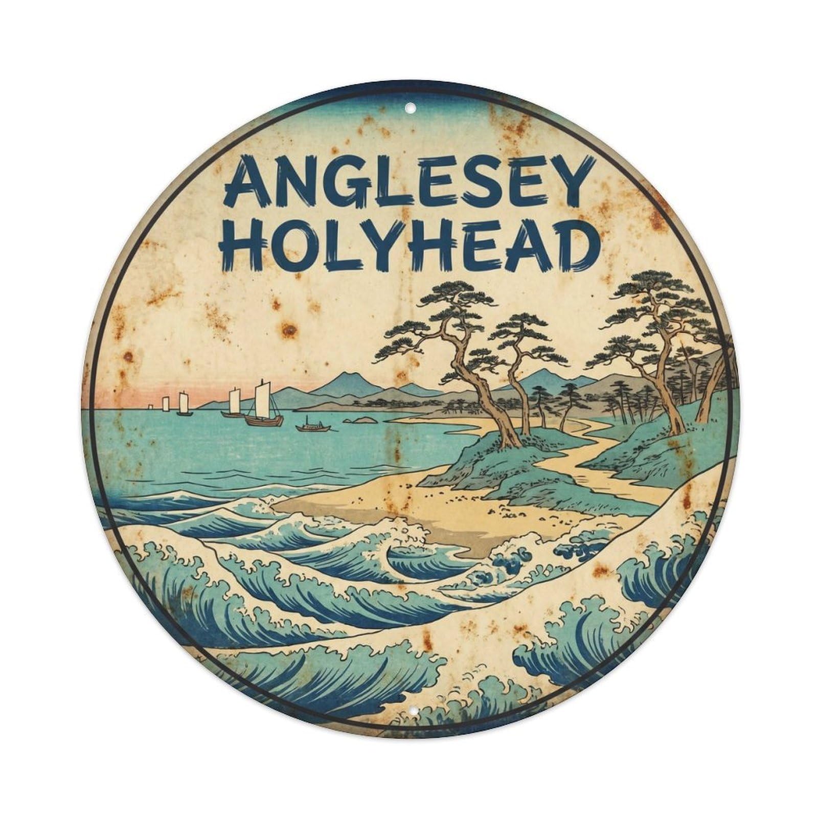 Olhnbad 08X08inch Style Anglesey Holyhead Beach Journey Ink Illustration Metal Tin Sign