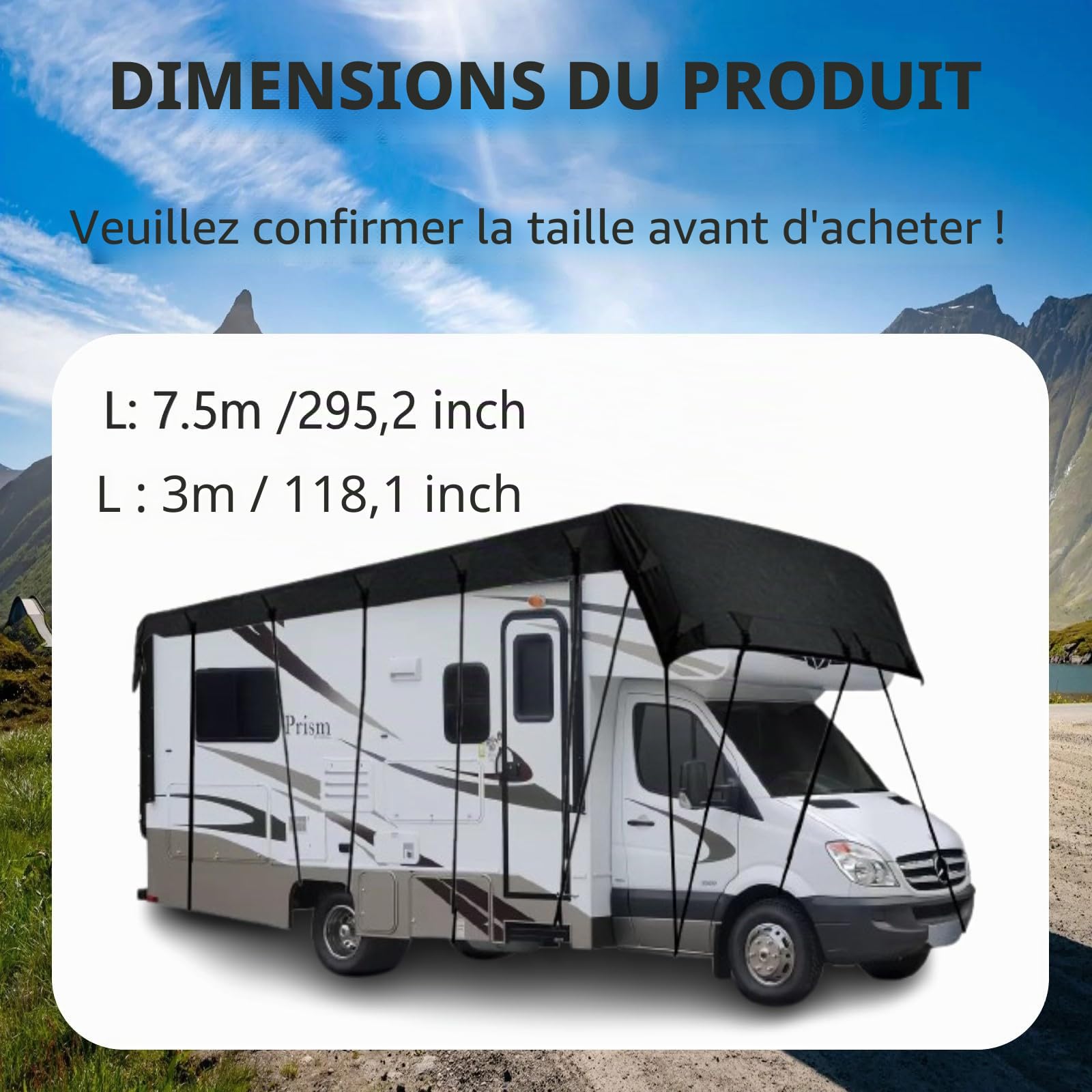 Bache de Toit Caravane, 7,5 x 3 m /295,2 "x 118,1" Tissu Oxford 210D Imperméable Housse de Toit de Protection pour Camping-Car Universelle Protection UV Couverture De Toit De Camping-Car