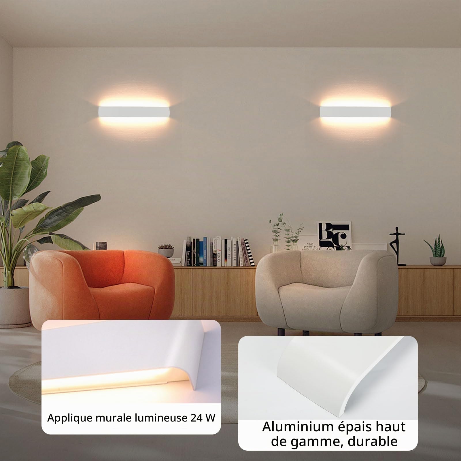 Lightess 24W Applique da Parete Interno Lampada 61cm Bianco Caldo
