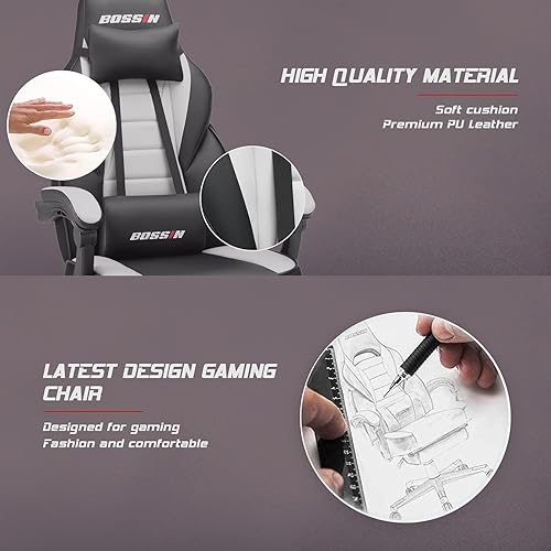 Miniatura 6 de BOSSIN Silla de juegos grande y alta con reposapiés y masaje, capacidad de peso de 400 libras, silla ergonómica resistente con asiento de gran