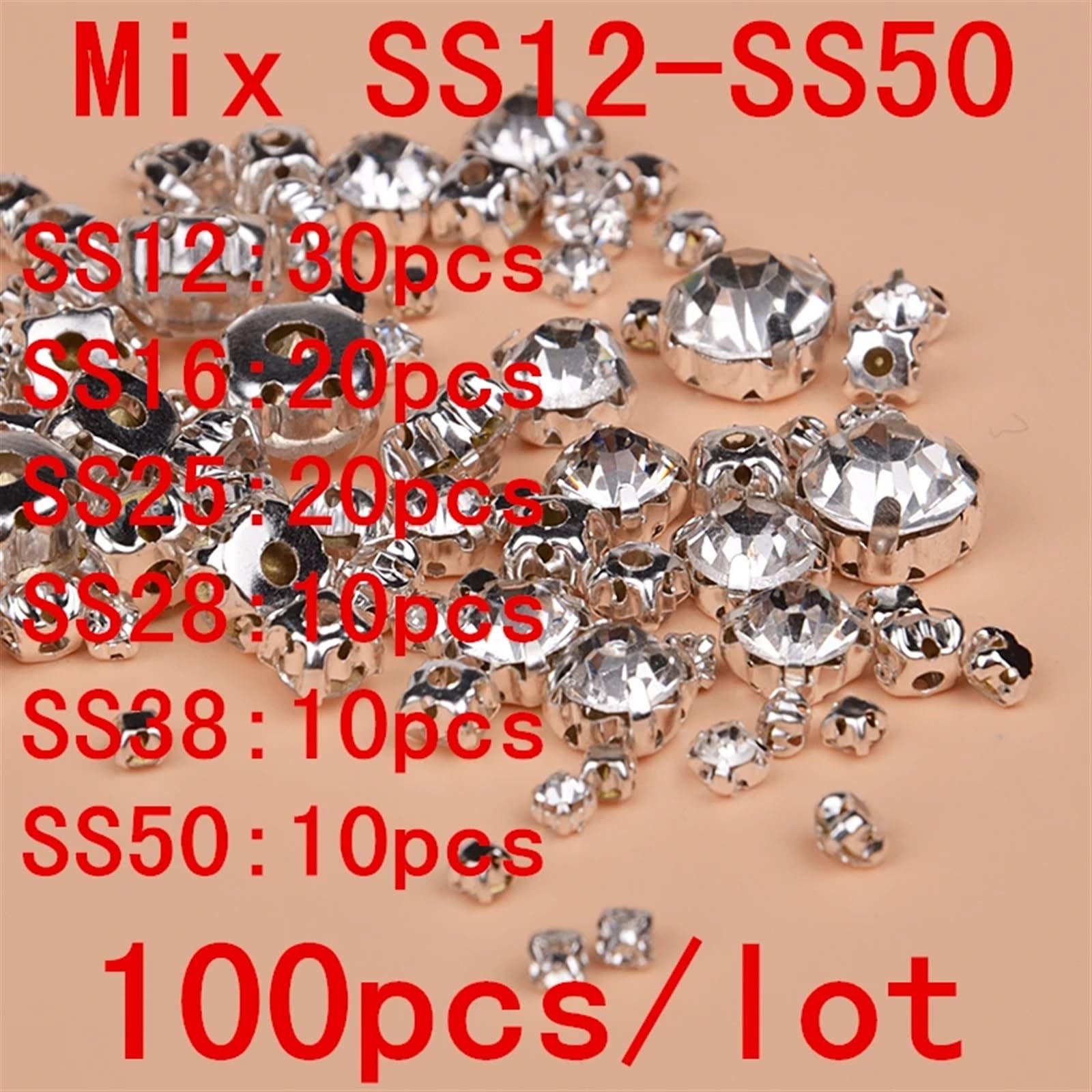 Trapano per unghie Strass in vetro Incastonatura a griffe in cristallo di vetro con retro piatto, strass da cucire, argento e oro, 3-10 mm, confezione da 30-200 pezzi(Gold Crystal AB,6mm 100pcs)