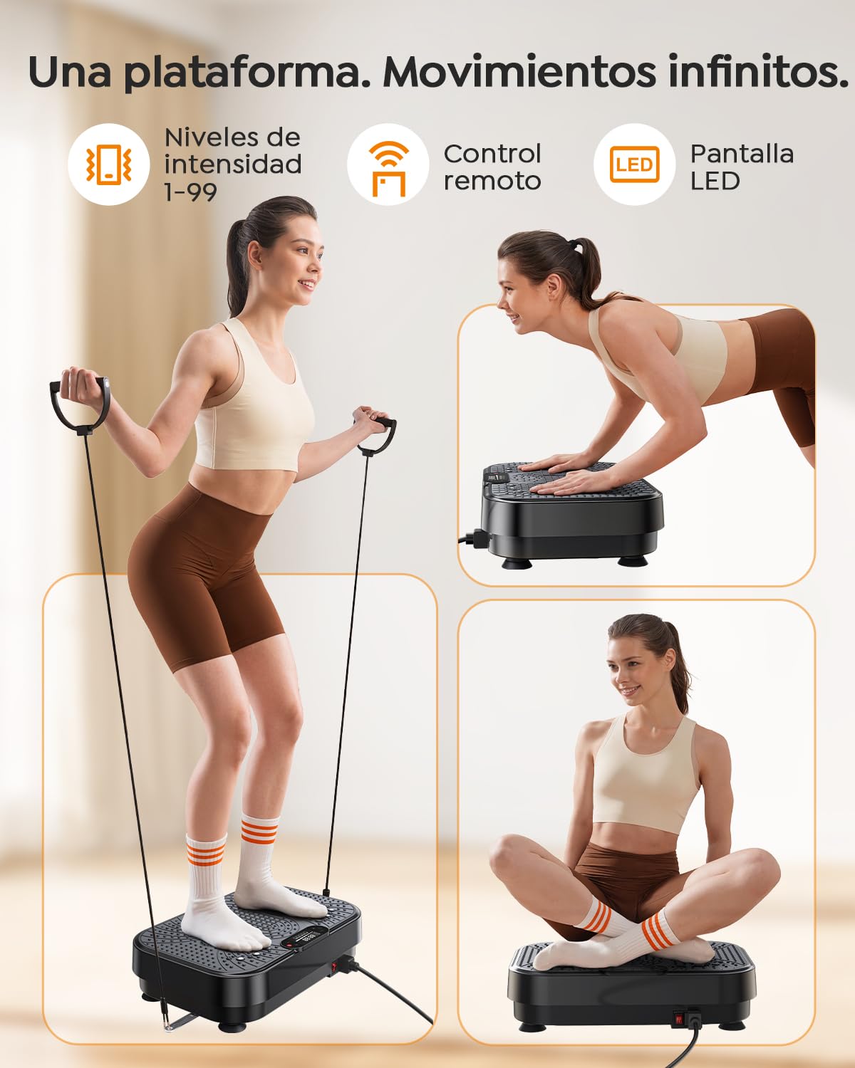 Plataforma Vibratoria, 150W Plataforma vibración Muscular con Masaje silencioso de pies, 99 Niveles de Intensidad y 5 programas, con 2 Bandas de Resistencia y Mando a Distancia, Pantalla LCD