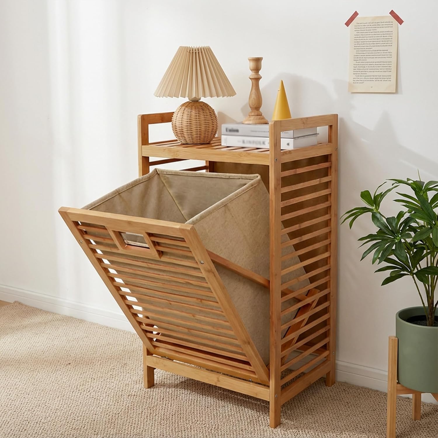 Double Tilt Out Bamboo Laundry Hamper with Removable Bags, Arched Double Tilt Out Laundry Hamper Cabinet, Laundry Basket Organizer for Laundry Room, Living Room, Bedroom (97 * 30 * 94cm)