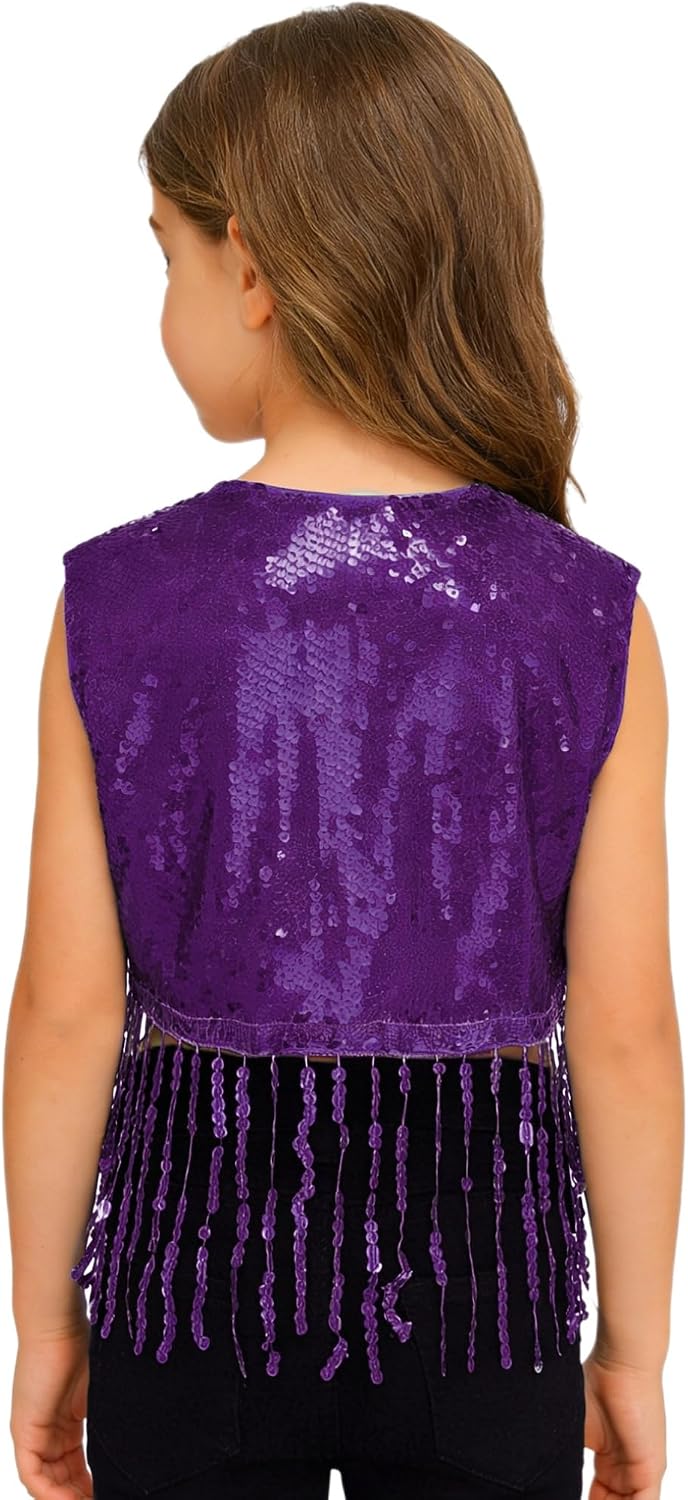 Freebily Kids Girls Sequin Sleeveless Tassel Vest Shiny Open Front Waistcoat Western Cowgirl Fringe Jacket