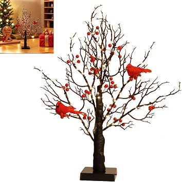 Vintage Glowing Tree with Cardinals, Led Cardinal Christmas Halloween Decorations Glowing Tree, Twinkle Tree Lamp with Berries for Tabletop Centerpiece Decorations, Holiday Party, Home Decor 1 Pcs