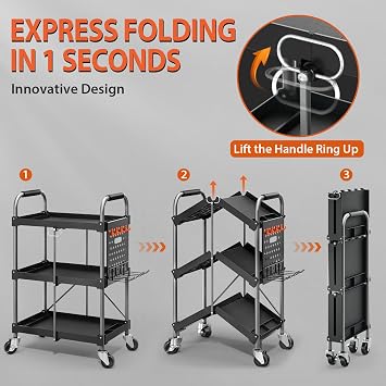 KINGRACK 3 Tier Heavy Duty Foldable Utility Service Cart with Wheels