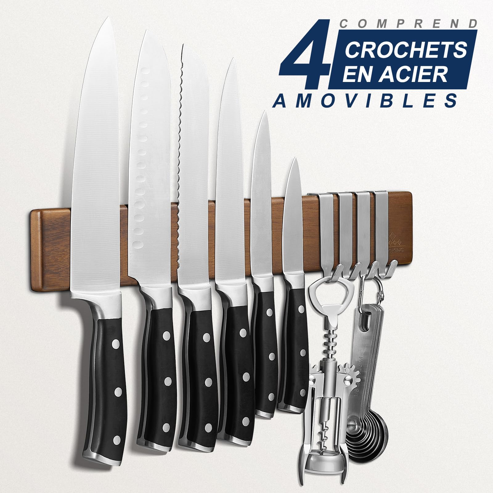 ENOKING Porte Couteaux Aimanté, Barre Aimantée Porte Couteaux de Cuisine avec 4 Crochets, 40cm Porte Couteaux de Cuisine Mural en Bois avec Aimant Extra Puissant pour range couteaux