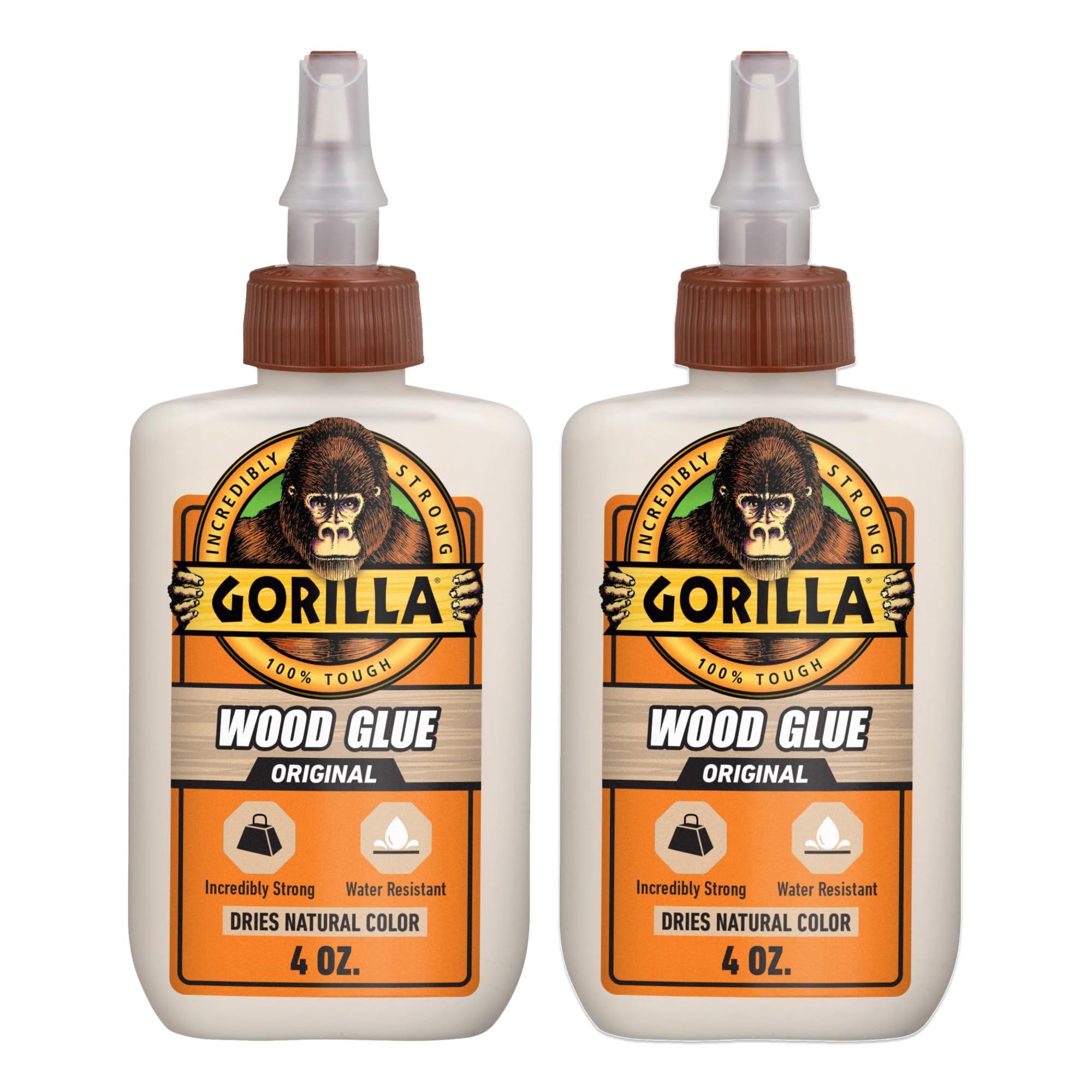 Gorilla Wood Glue, Natural Wood Color, 4 Ounce Bottle (Pack of 2) - Water Resistant for Indoor or Outdoor Projects and Repairs