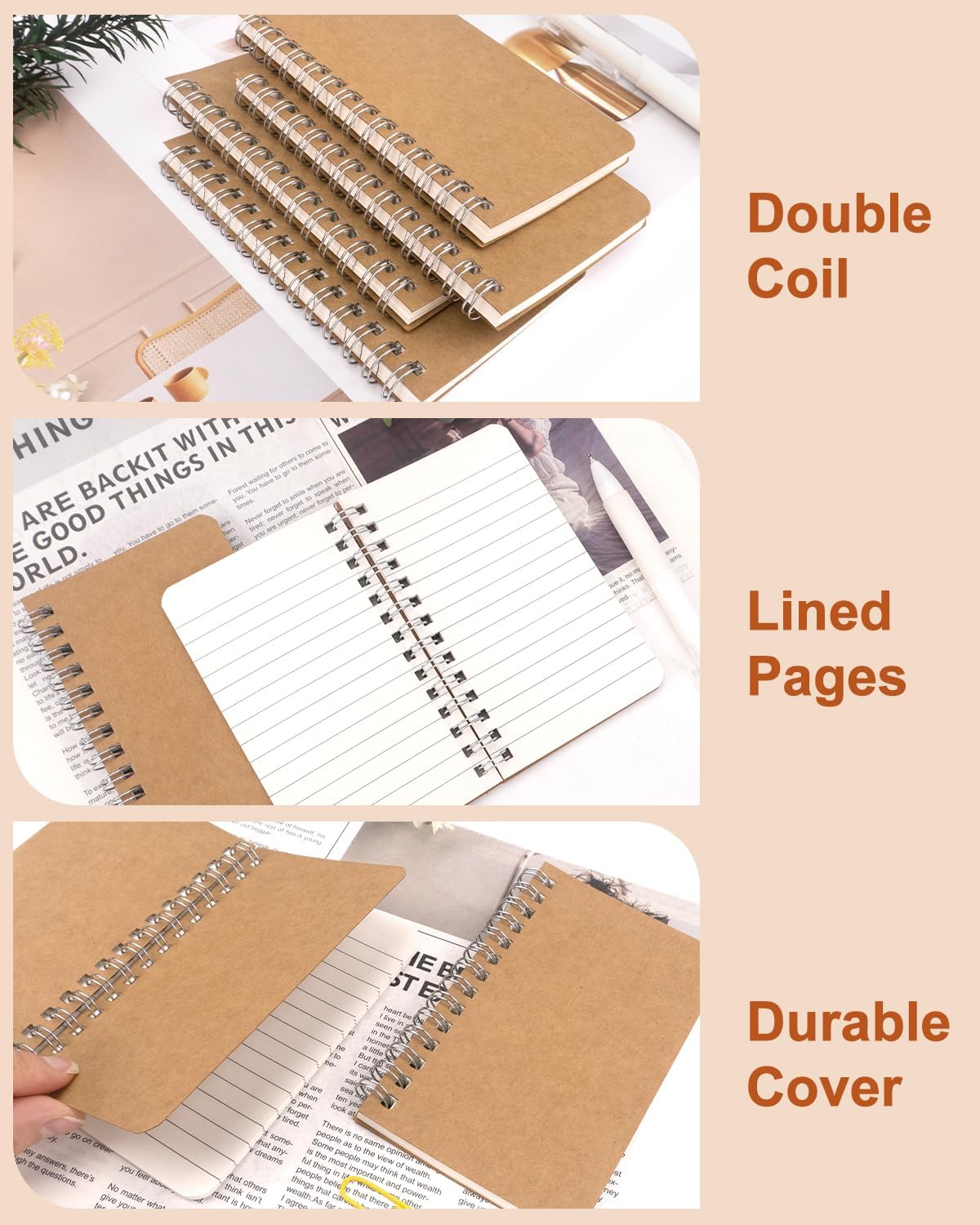 Dynta Pocket Notebooks Mini Notepads 3x5 Bulk, 60 Packs Lined Memo Pads, Small Spiral Notebooks Kraft Cover for Home, School, Office, Men, Women, Kids (60 Sheets/120 Pages)