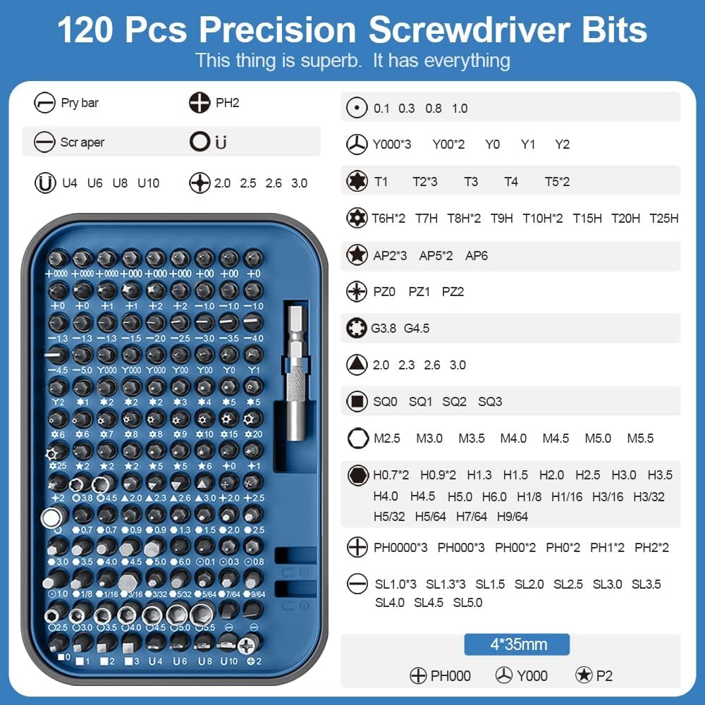 Kit Herramientas Juegos De Puntas Destornillador 130 En 1 Punta Ranurado Torx Hexagonal con Caja Herramientas para Computadora Portátil Electrónica Caja Hogar(Blue)