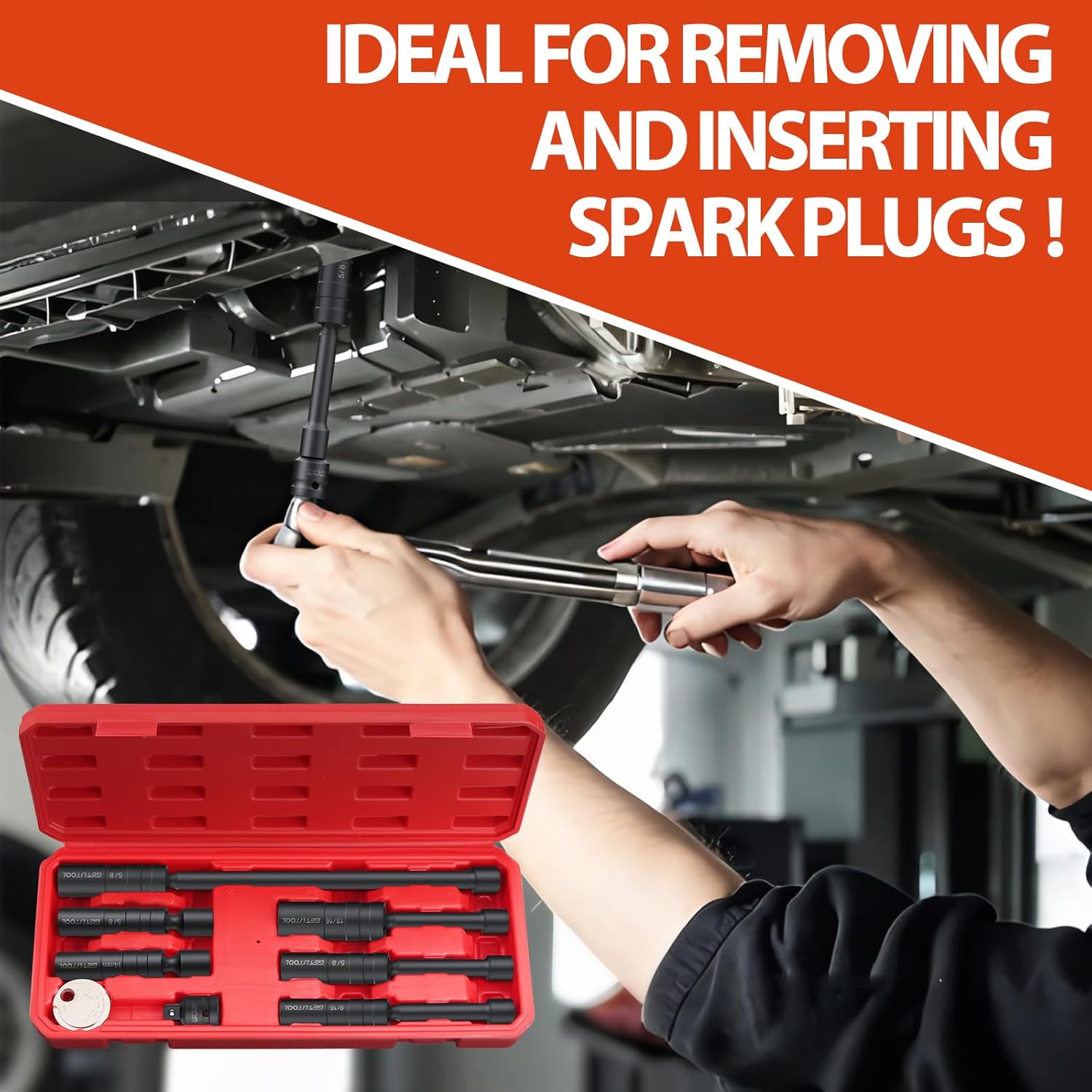 GETLITOOL 6PCS 3/8-Inch Drive Magnetic Swivel Spark Plug Socket Set, CR-V Spark Plug Socket with Size-marked for Repairing Car, 12 Point, Include 9/16-Inch, 5/8-Inch, 13/16-Inch, 14mm Socket