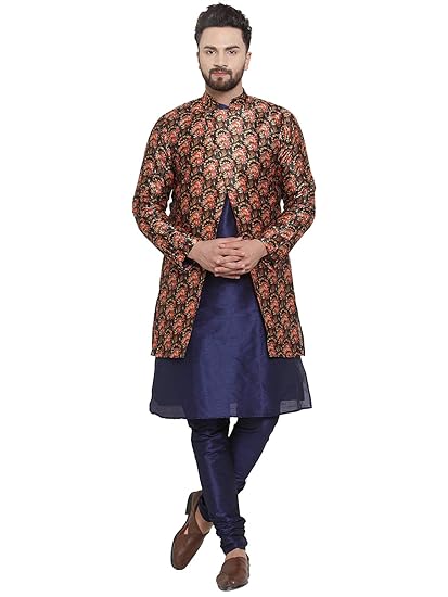 Men's Dupion Silk Kurta Pyjama & Ethnic Jacket Set
